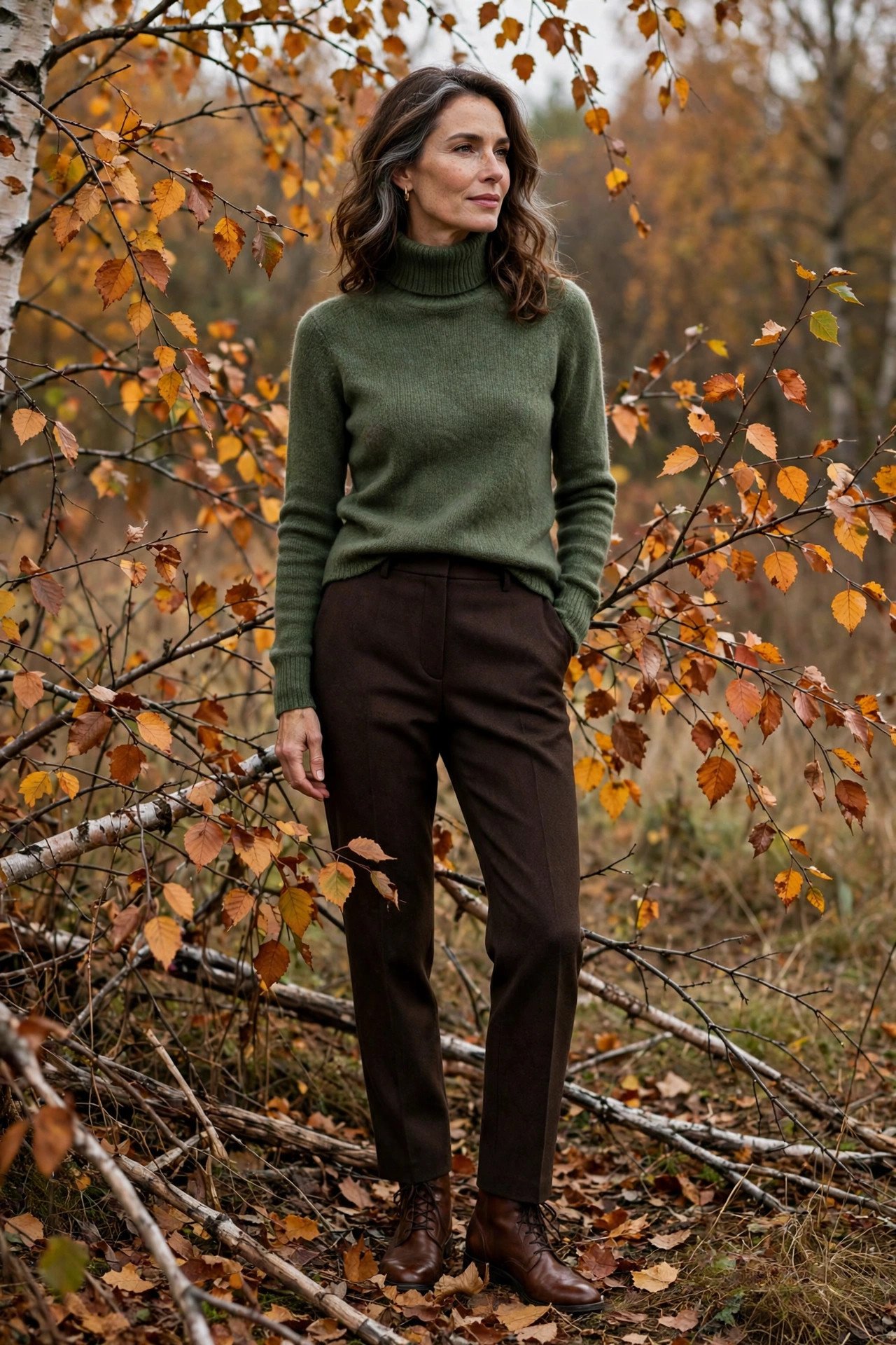 Woman in hunter green turtleneck among autumn branches