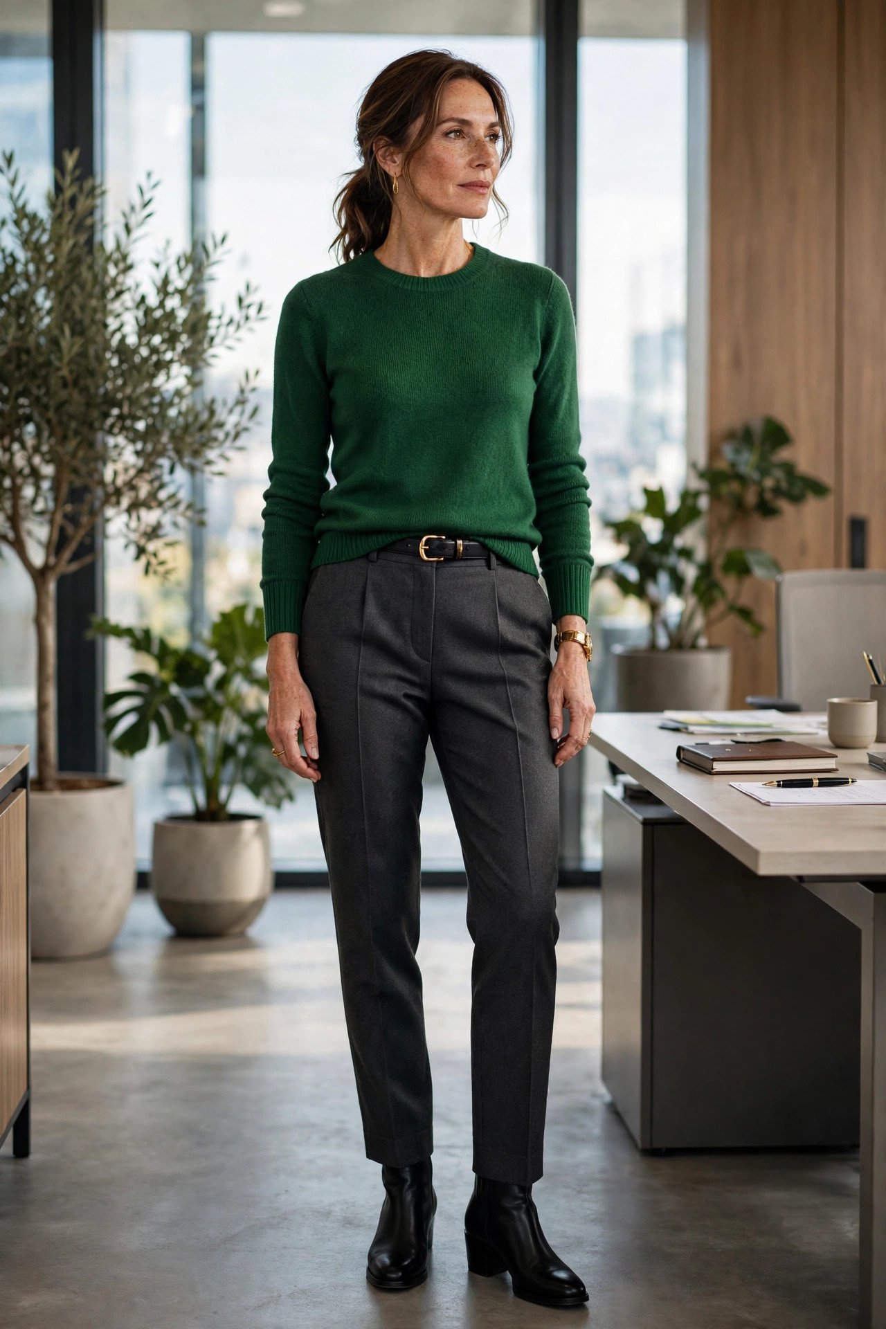 Woman in bottle green fine knit sweater