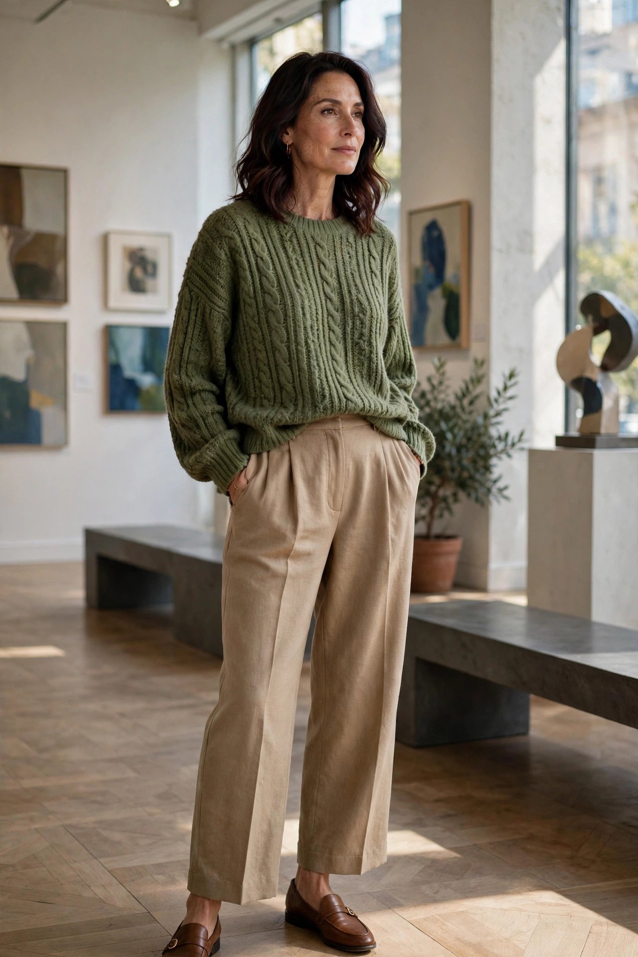 Woman in moss green relaxed knit sweater