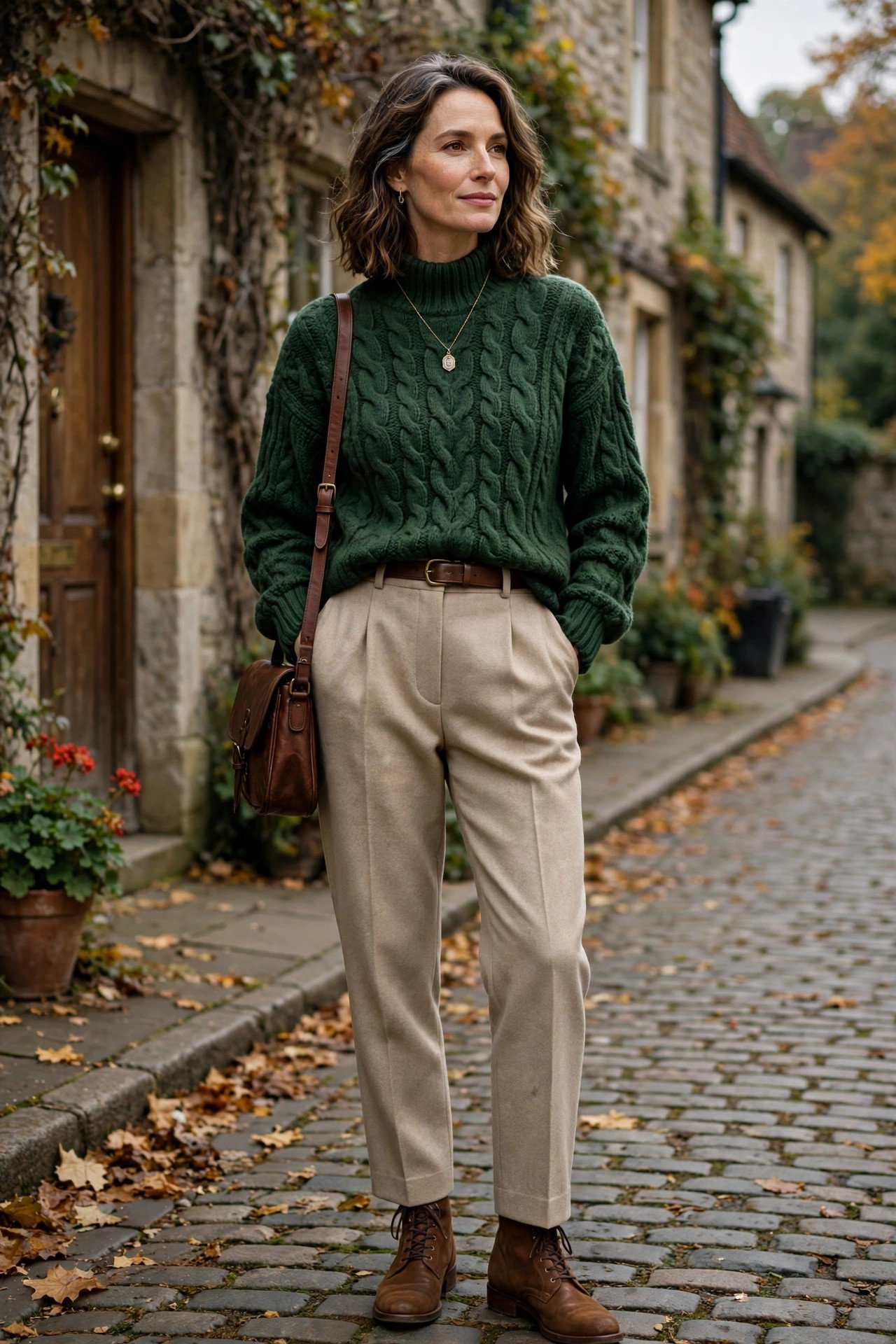 Woman in forest green cable-knit sweater
