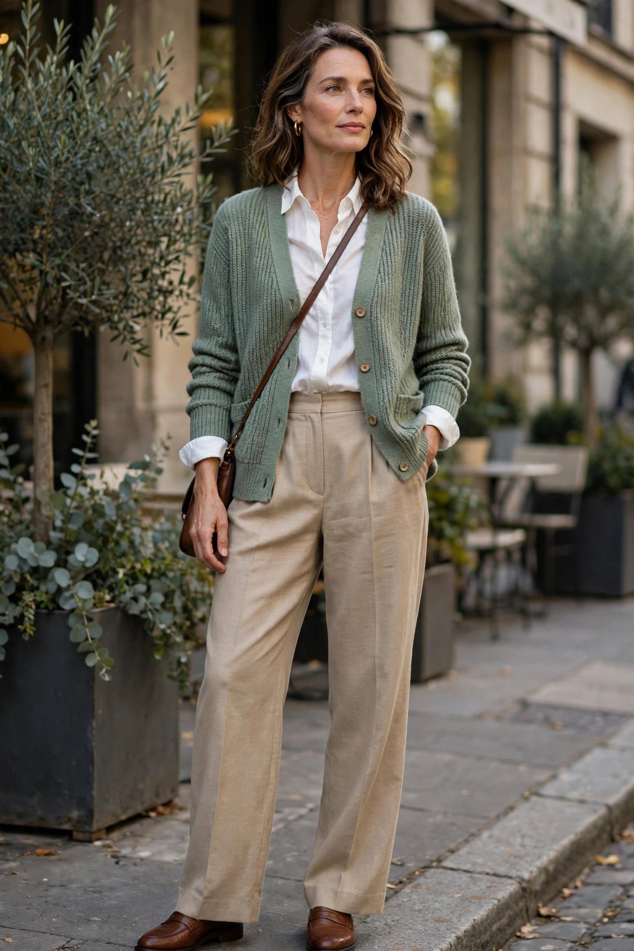 Woman in sage green knit cardigan
