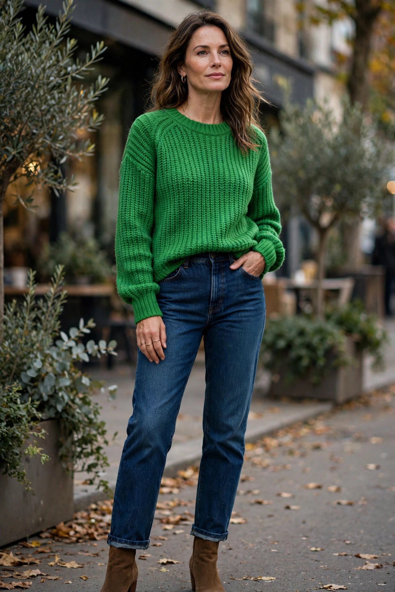 Woman in kelly green sweater