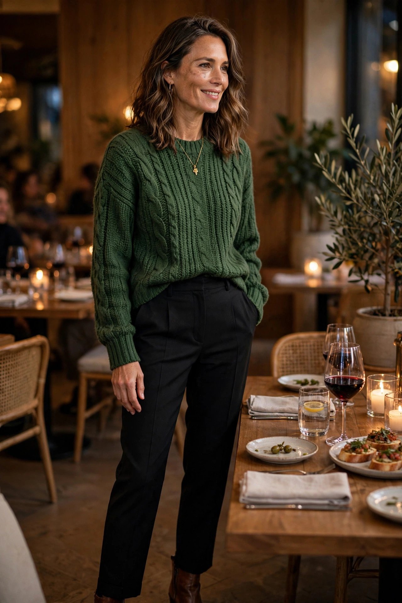 Woman in pine green knit sweater