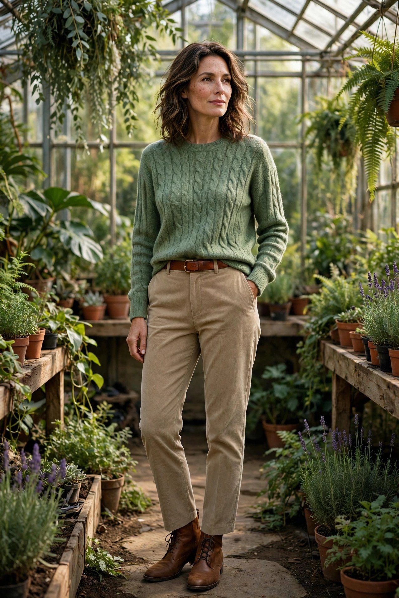 Woman in soft green sweater among plants