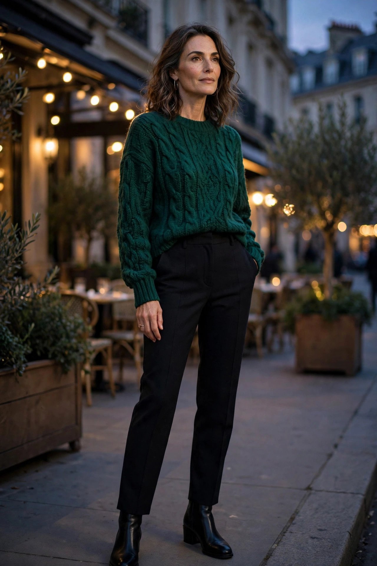 Woman in deep emerald knit for evening