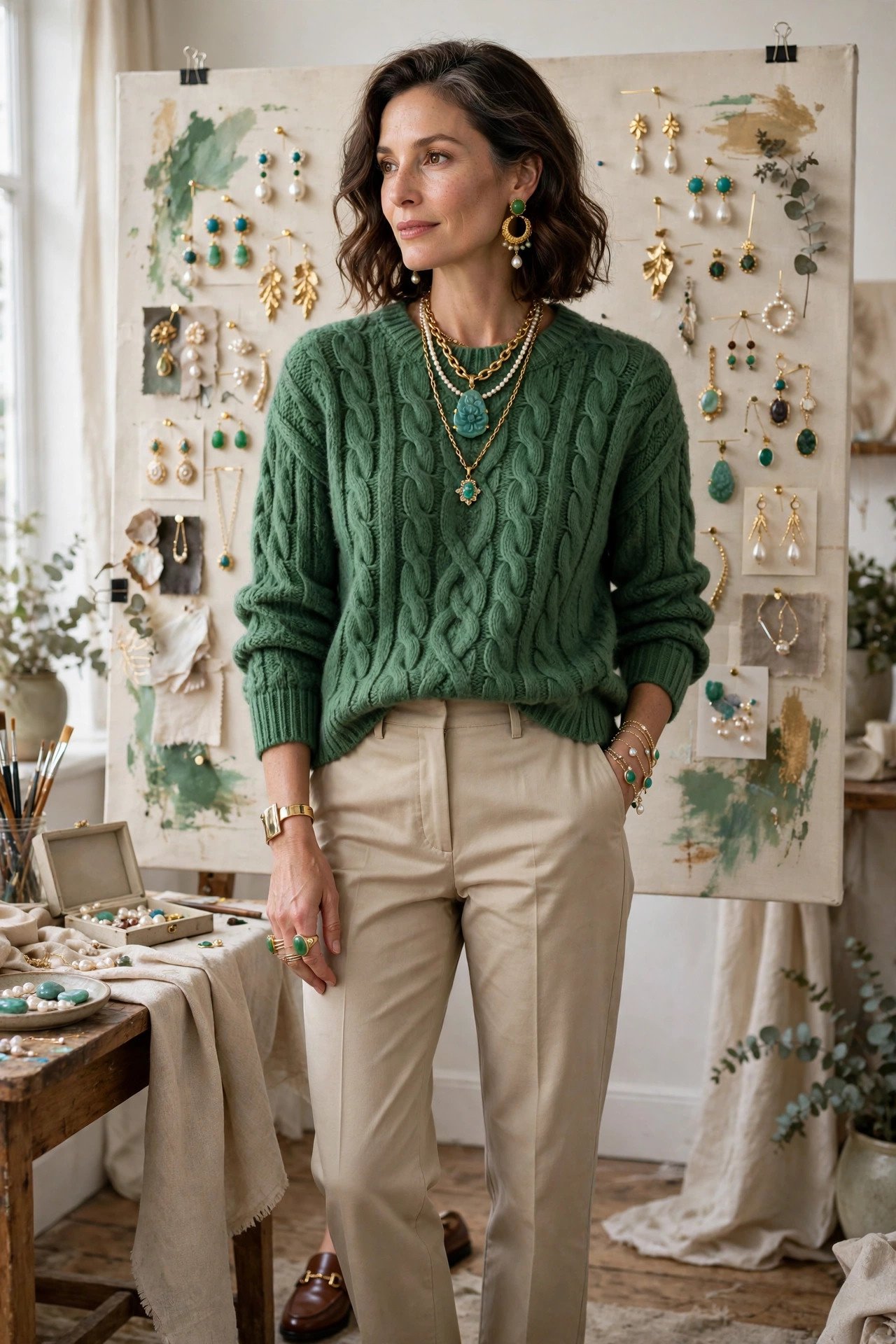 Woman in jade green knit sweater
