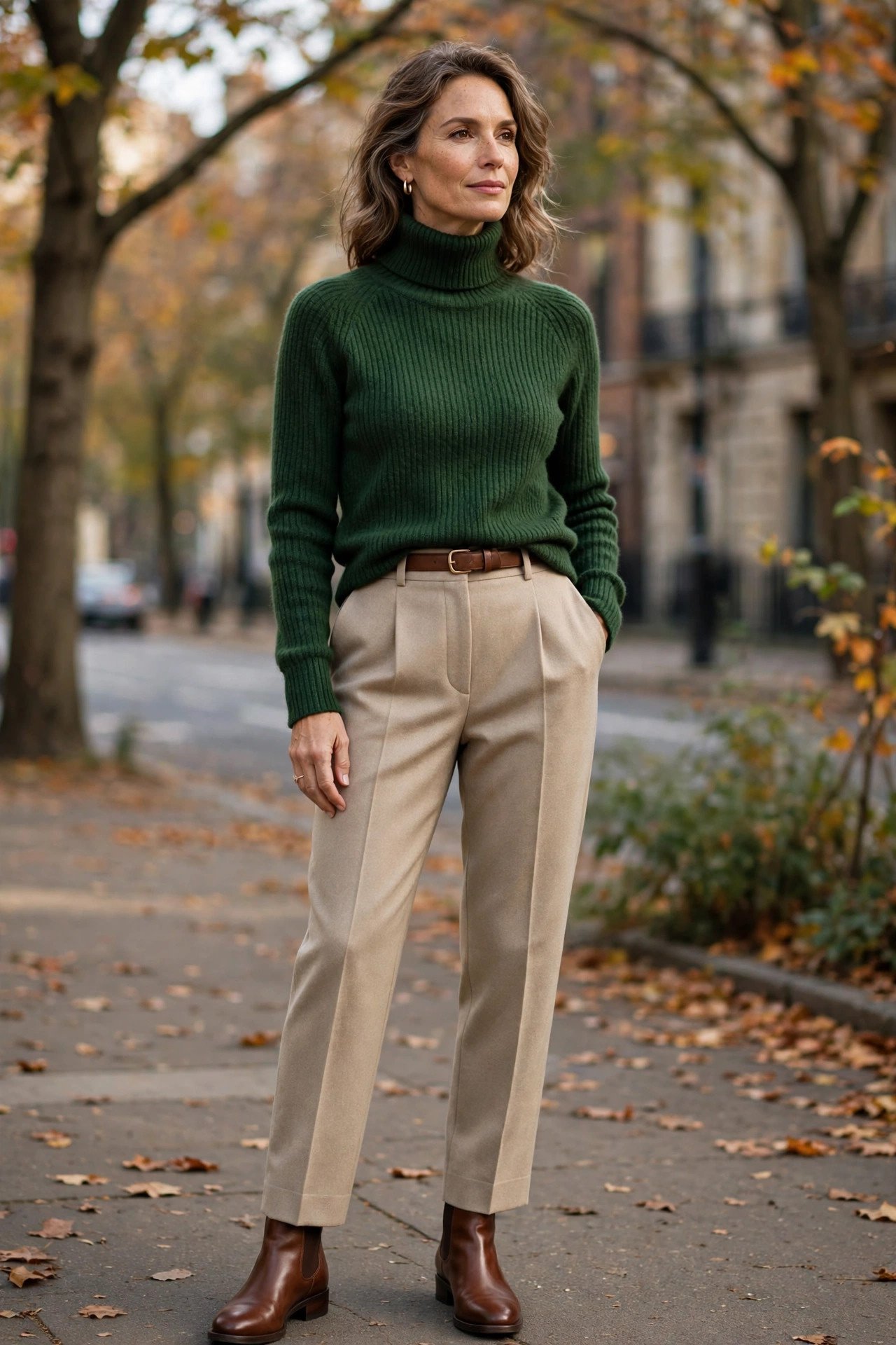 Woman in forest green turtleneck
