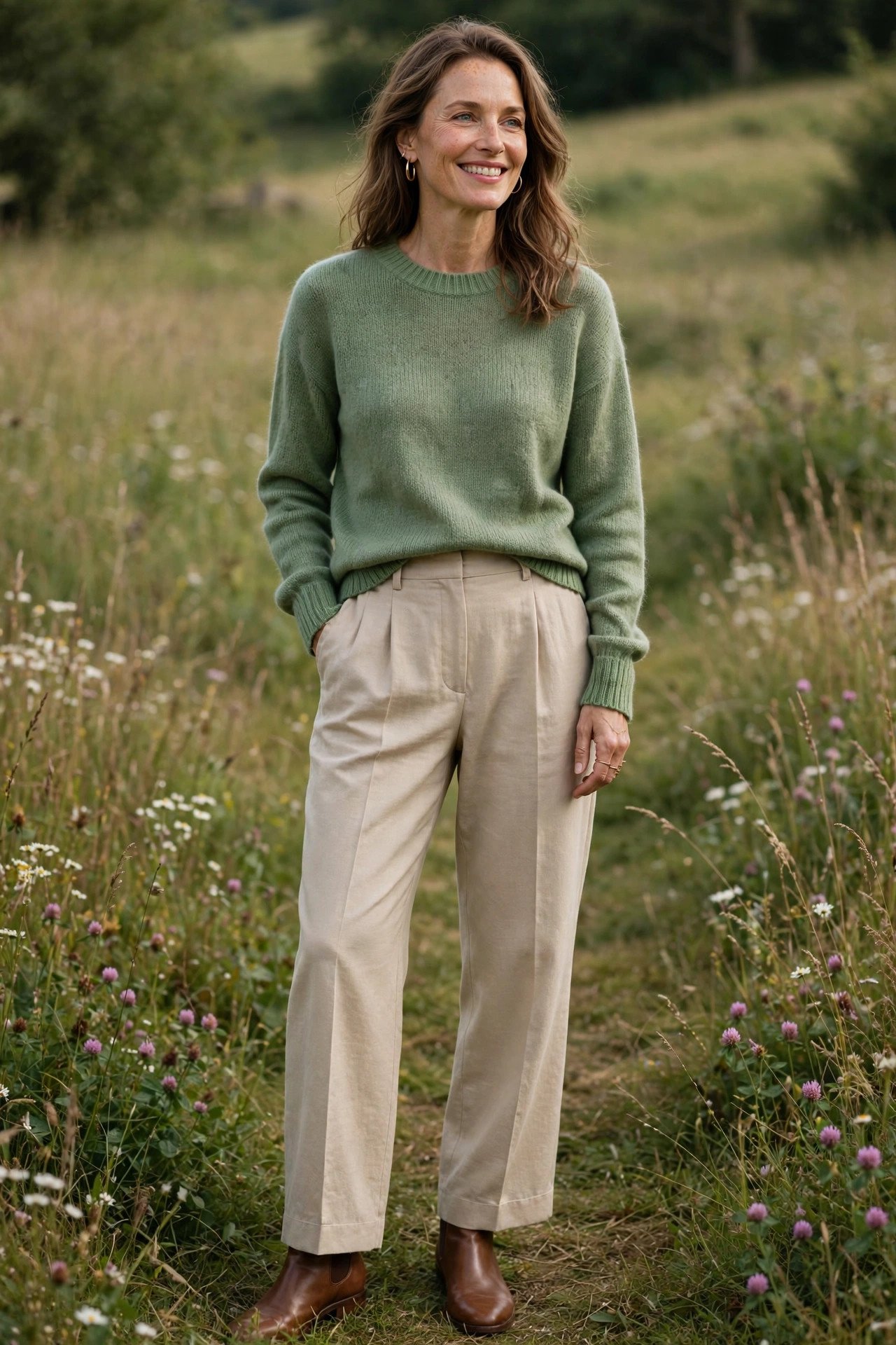 Smiling woman in meadow green sweater