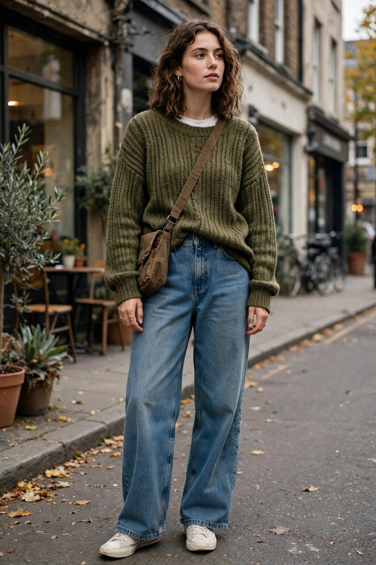 Woman in olive green sweater, budget style