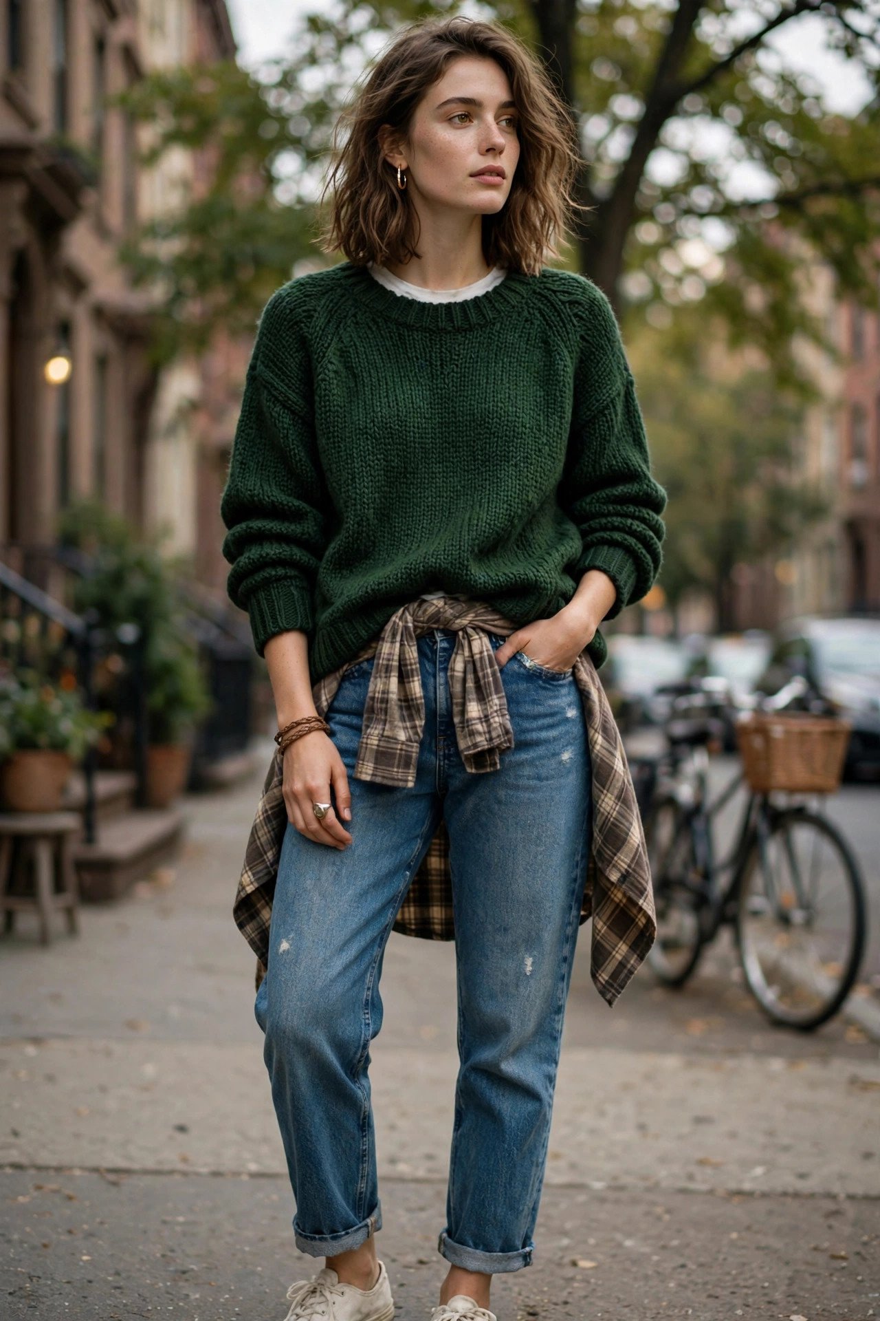 Woman in hunter green knit sweater