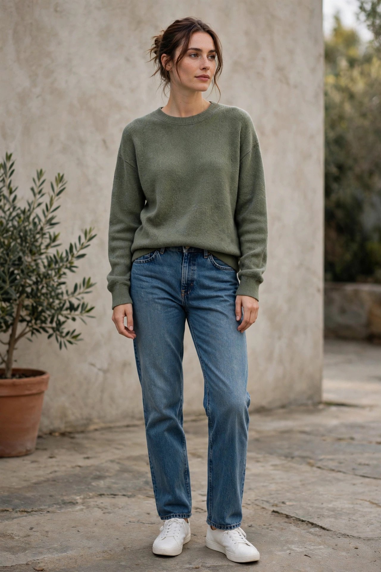 Woman in moss green pullover sweater