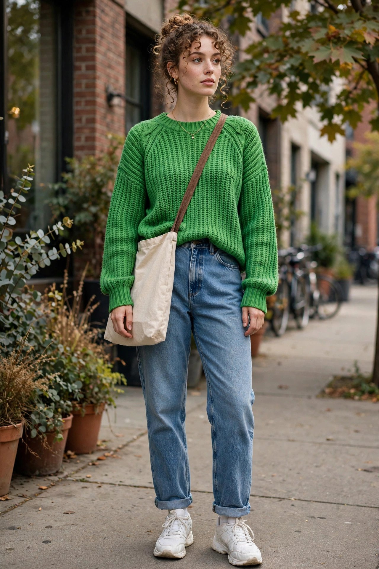 Woman in kelly green knit sweater
