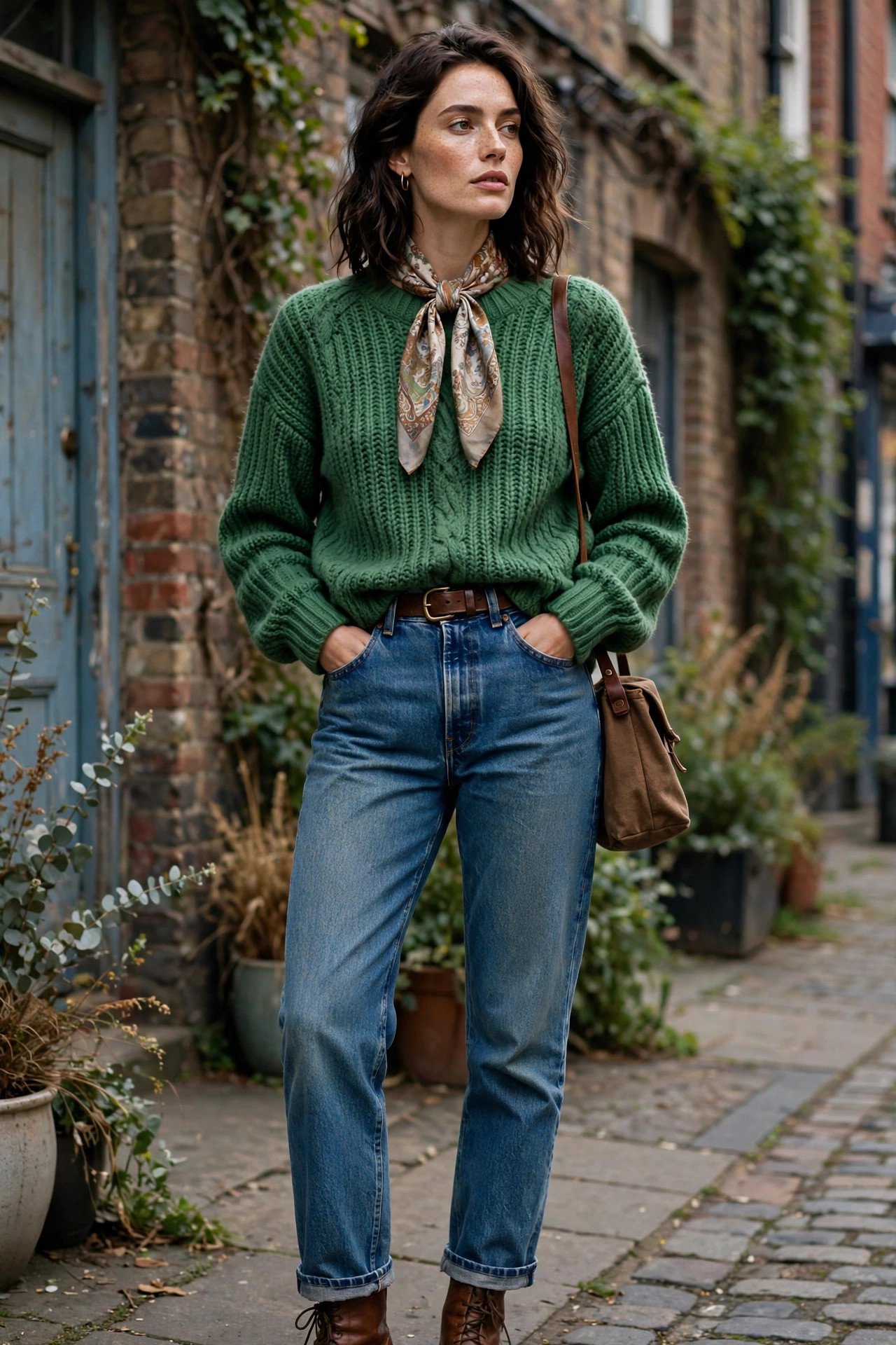 Woman in jade green knit sweater