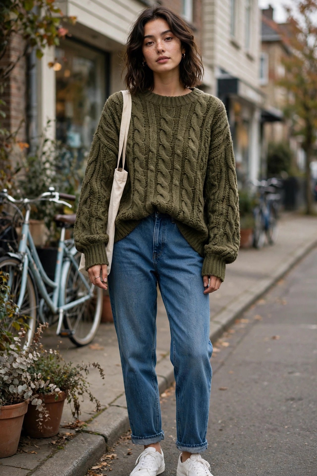 Woman in olive oversized green sweater