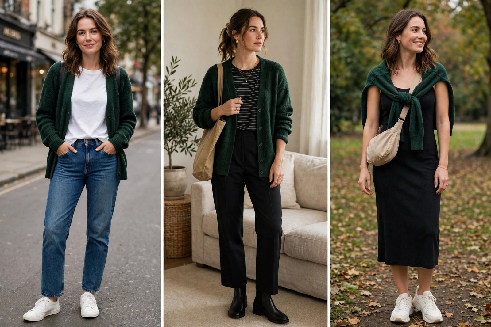 Woman in deep green cardigan