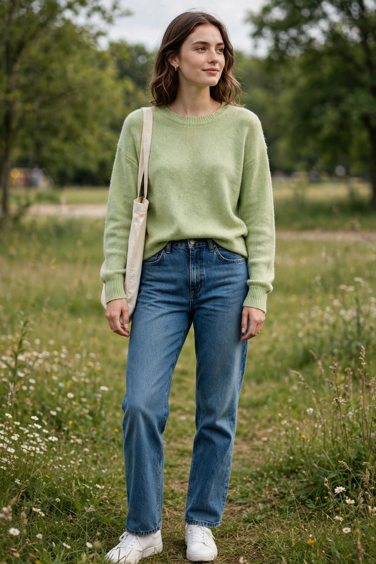 Woman in meadow green sweater
