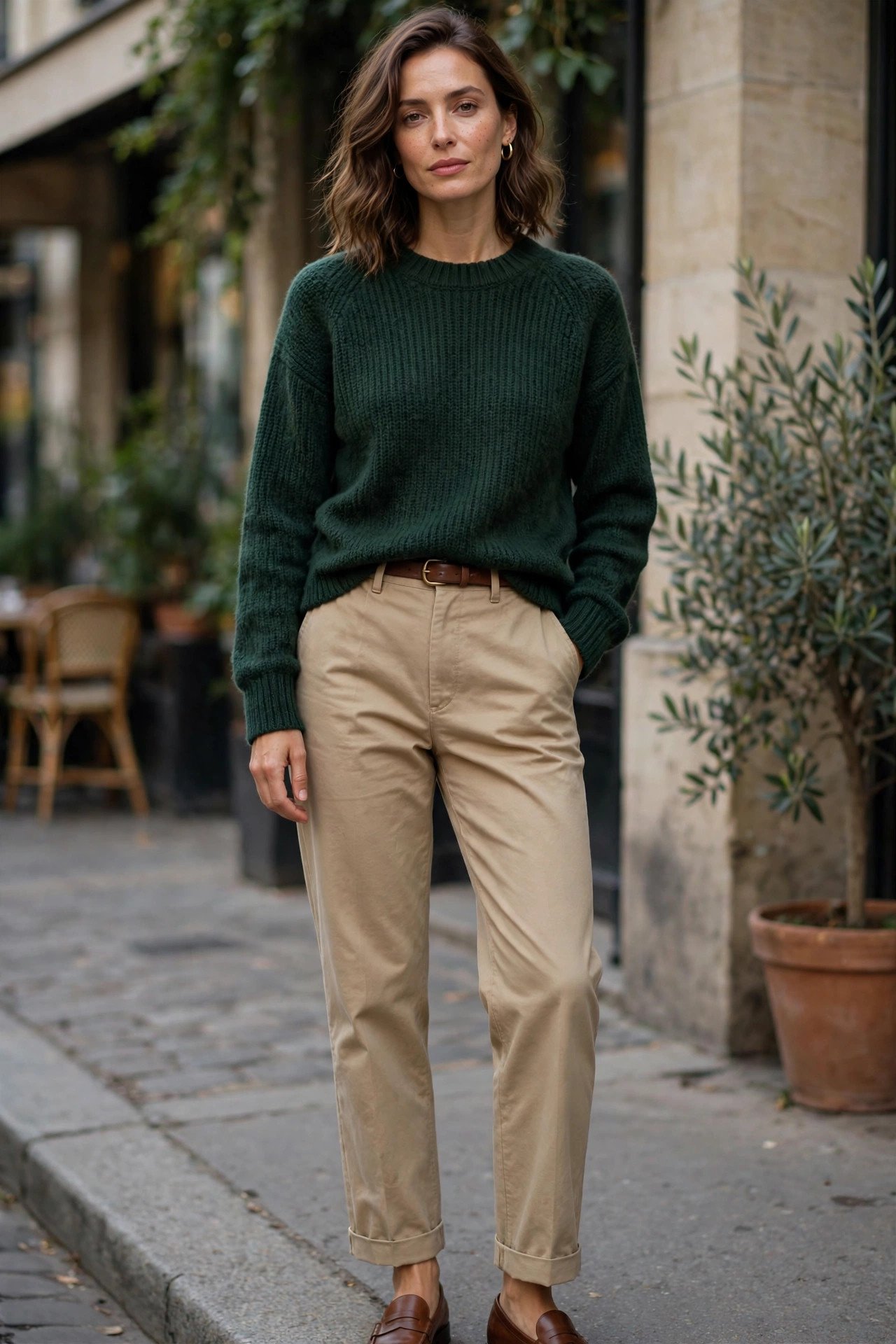 Woman in evergreen knit sweater