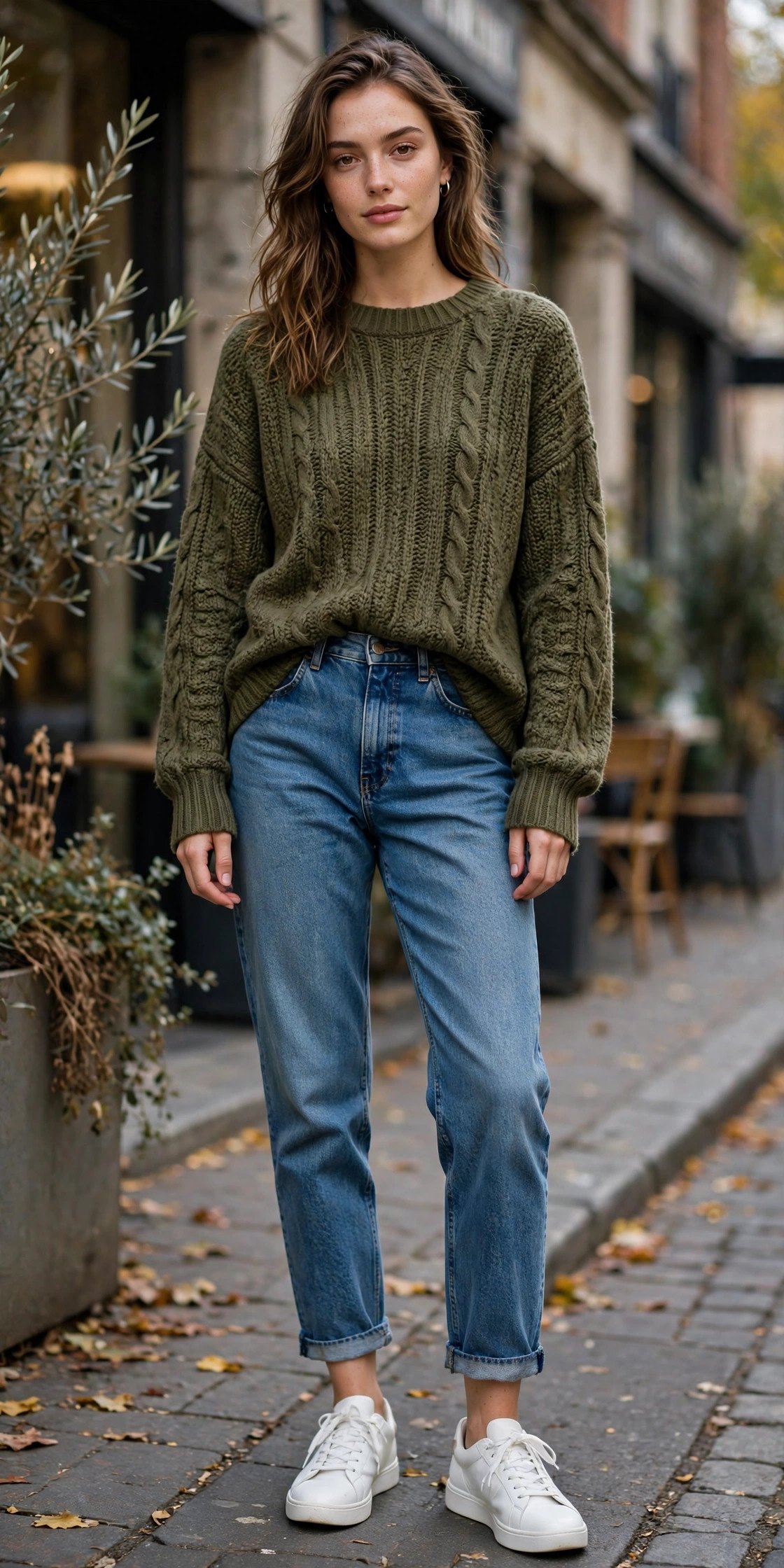 Olive oversized knit sweater with mom jeans and sneakers