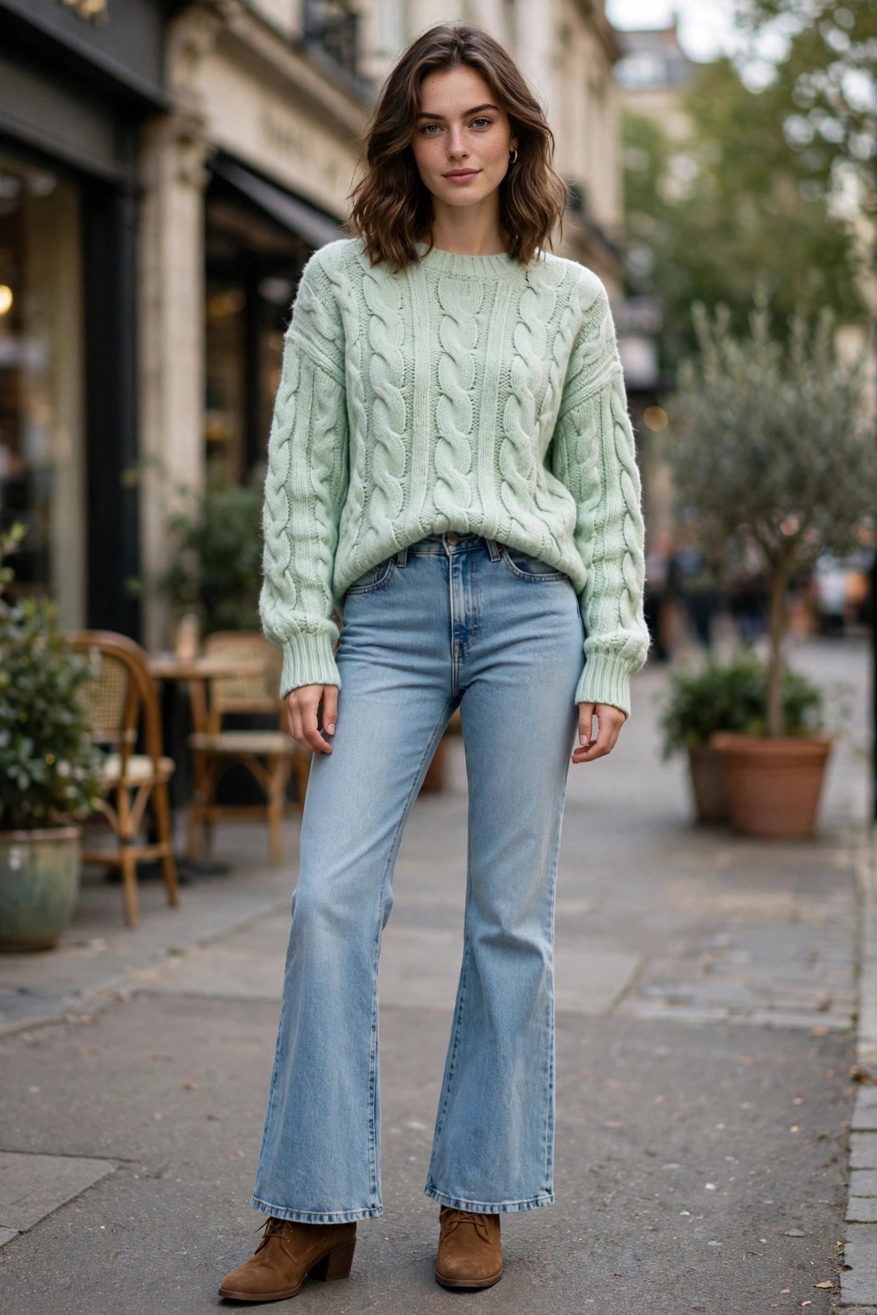 Mint cable knit sweater with light wash flare jeans