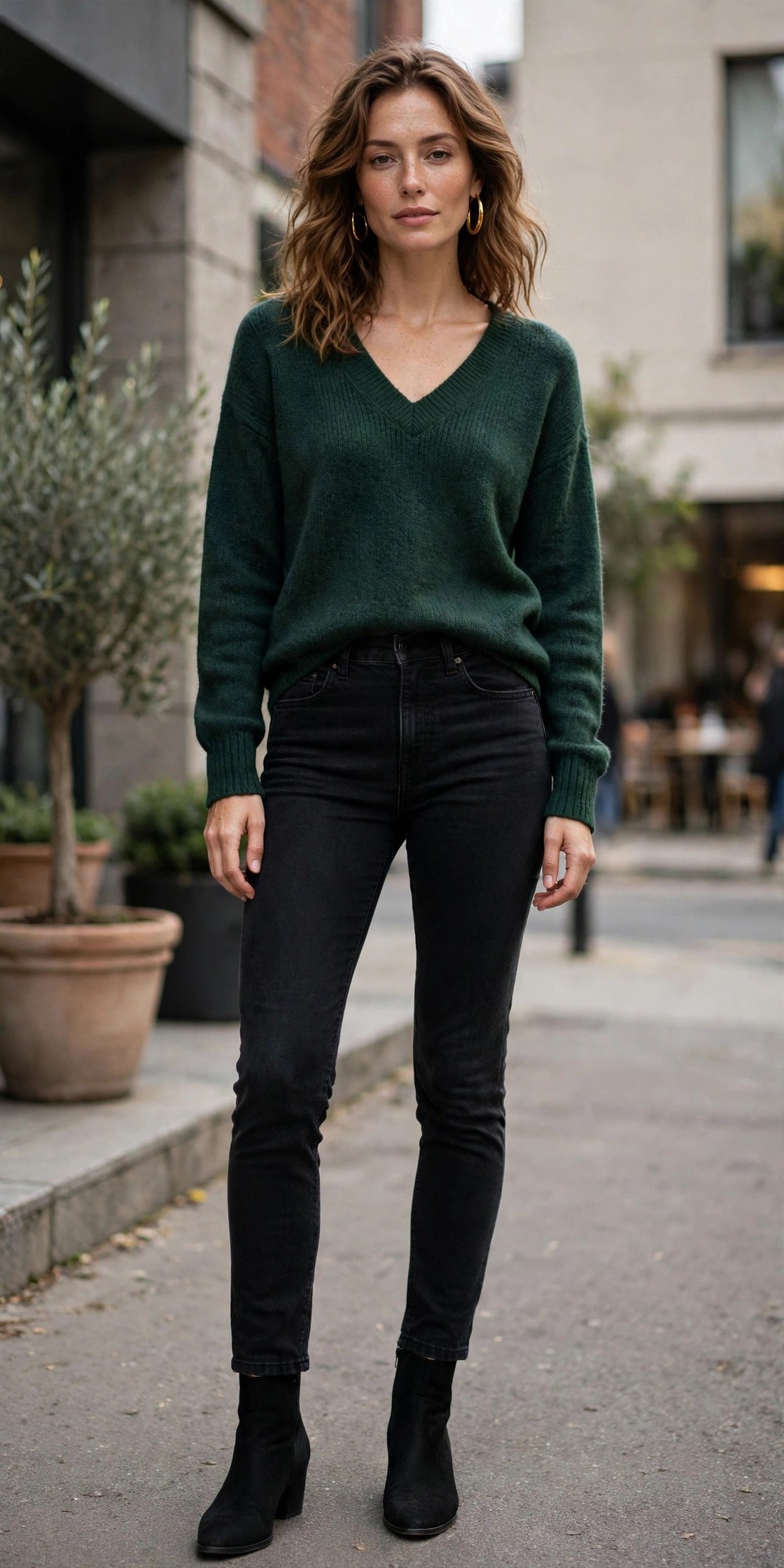 Deep green v neck sweater with black jeans