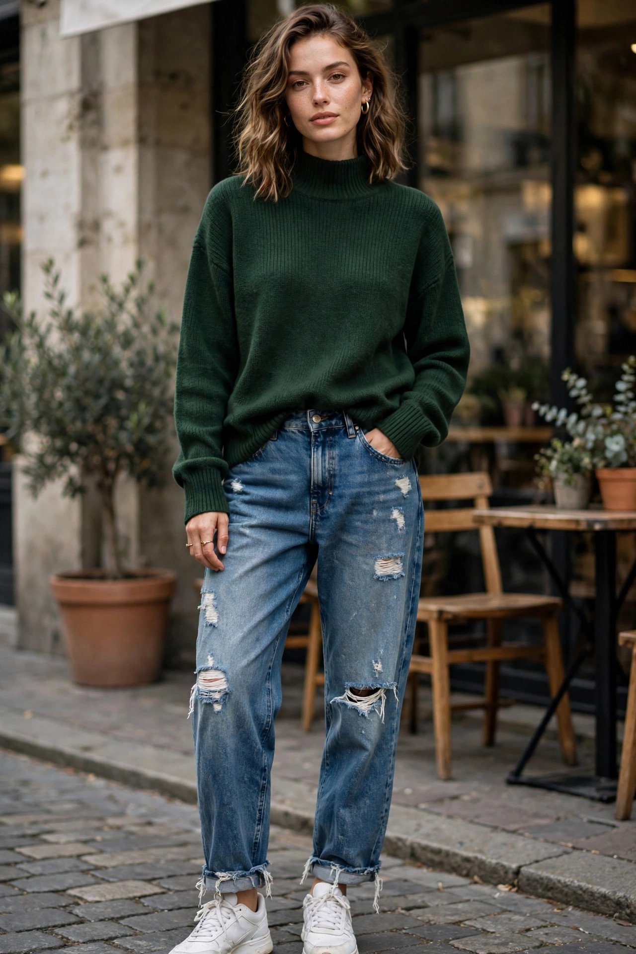 Hunter green mock neck sweater with distressed boyfriend jeans