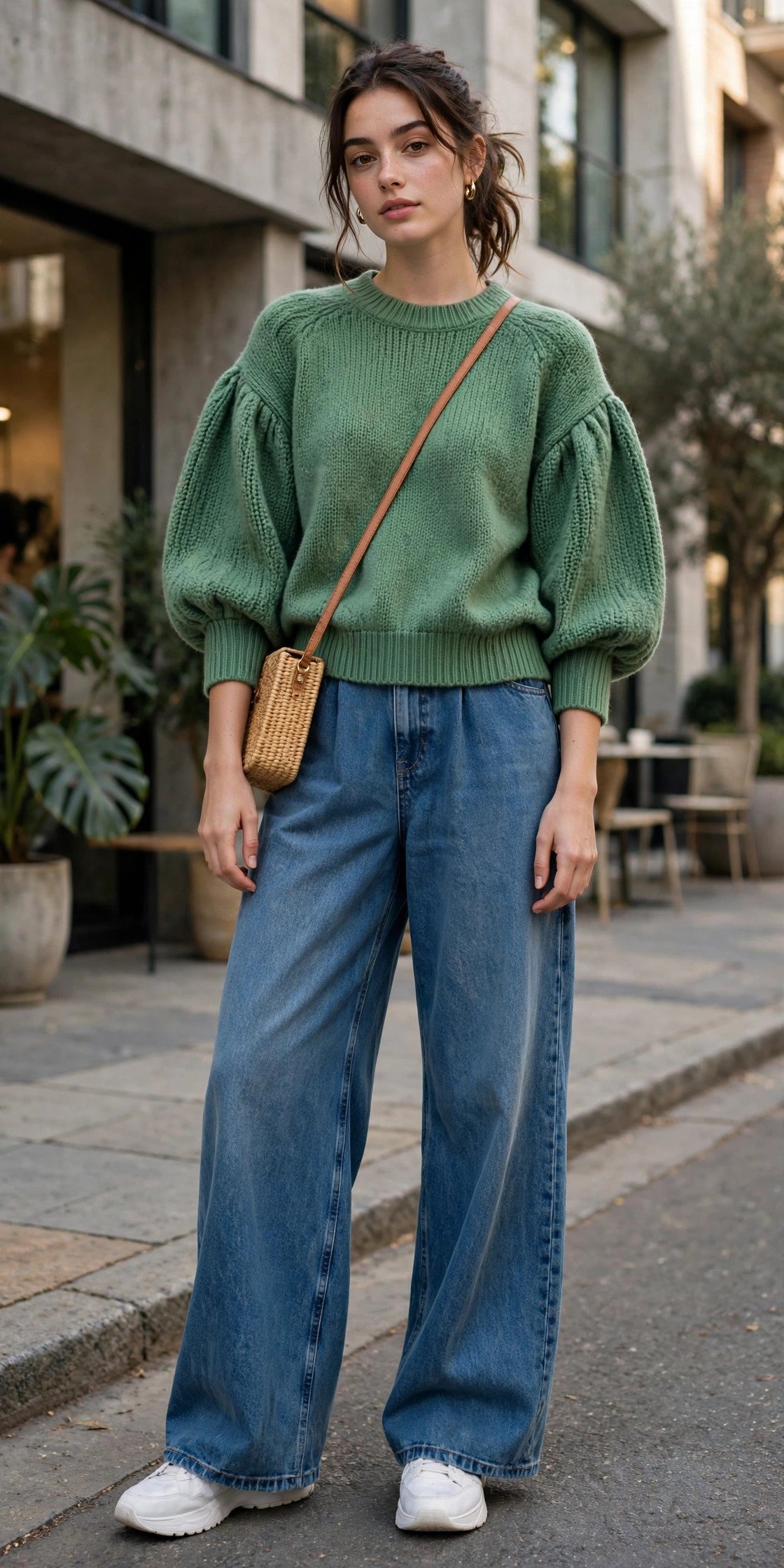 Jade balloon sleeve sweater with wide leg jeans