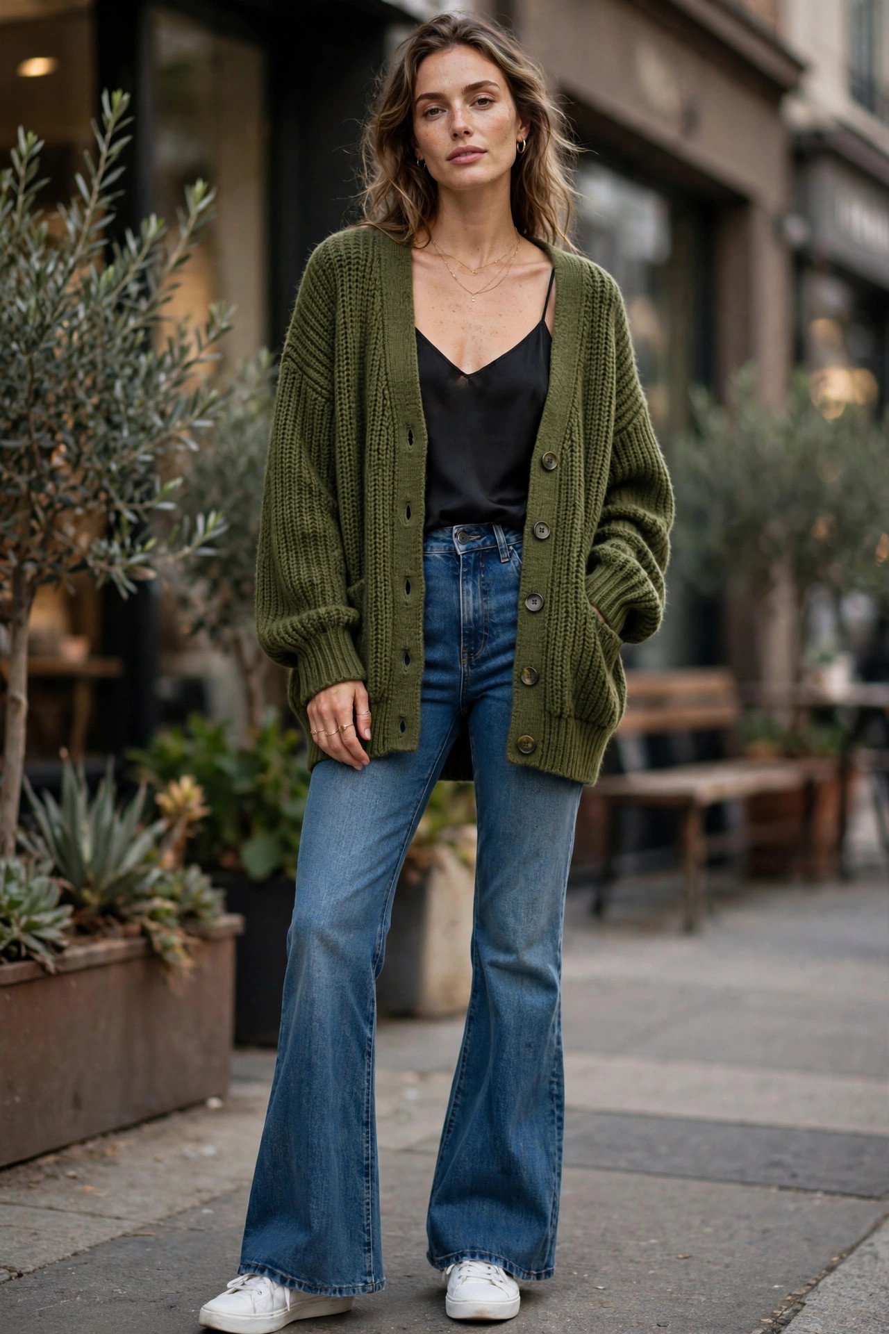 Moss green grandpa cardigan with flare jeans