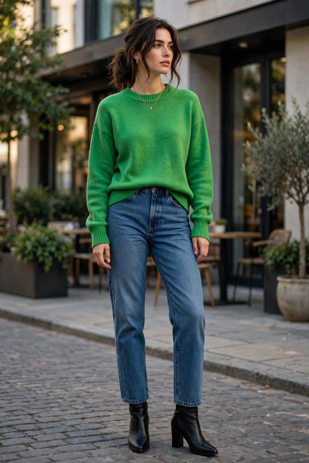 Kelly green crewneck sweater with straight leg jeans