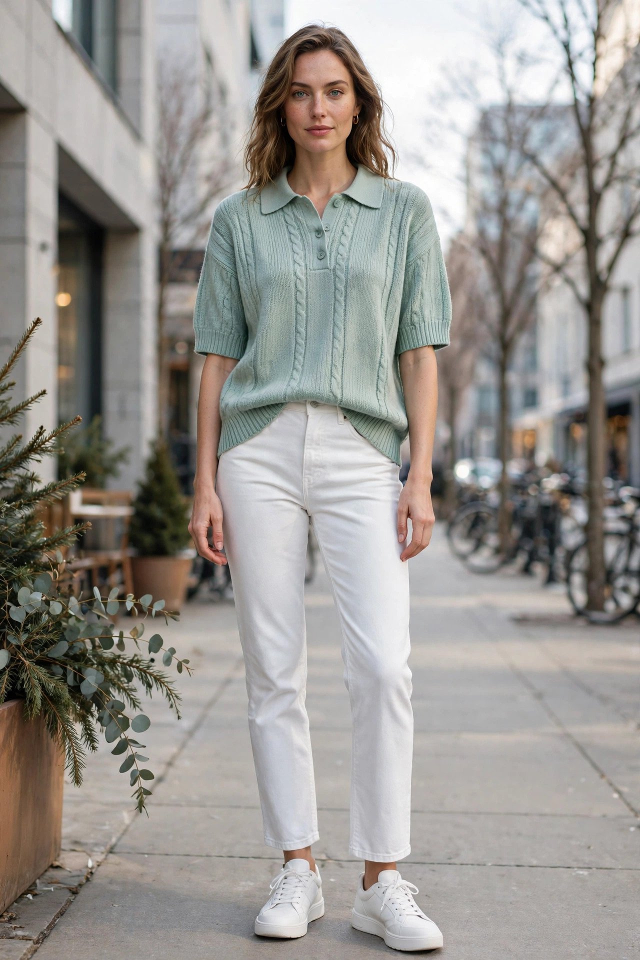Seafoam knit polo sweater with white jeans