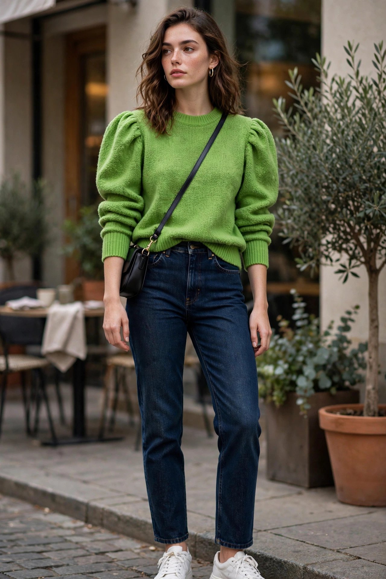 Apple green puff sleeve sweater with dark indigo jeans