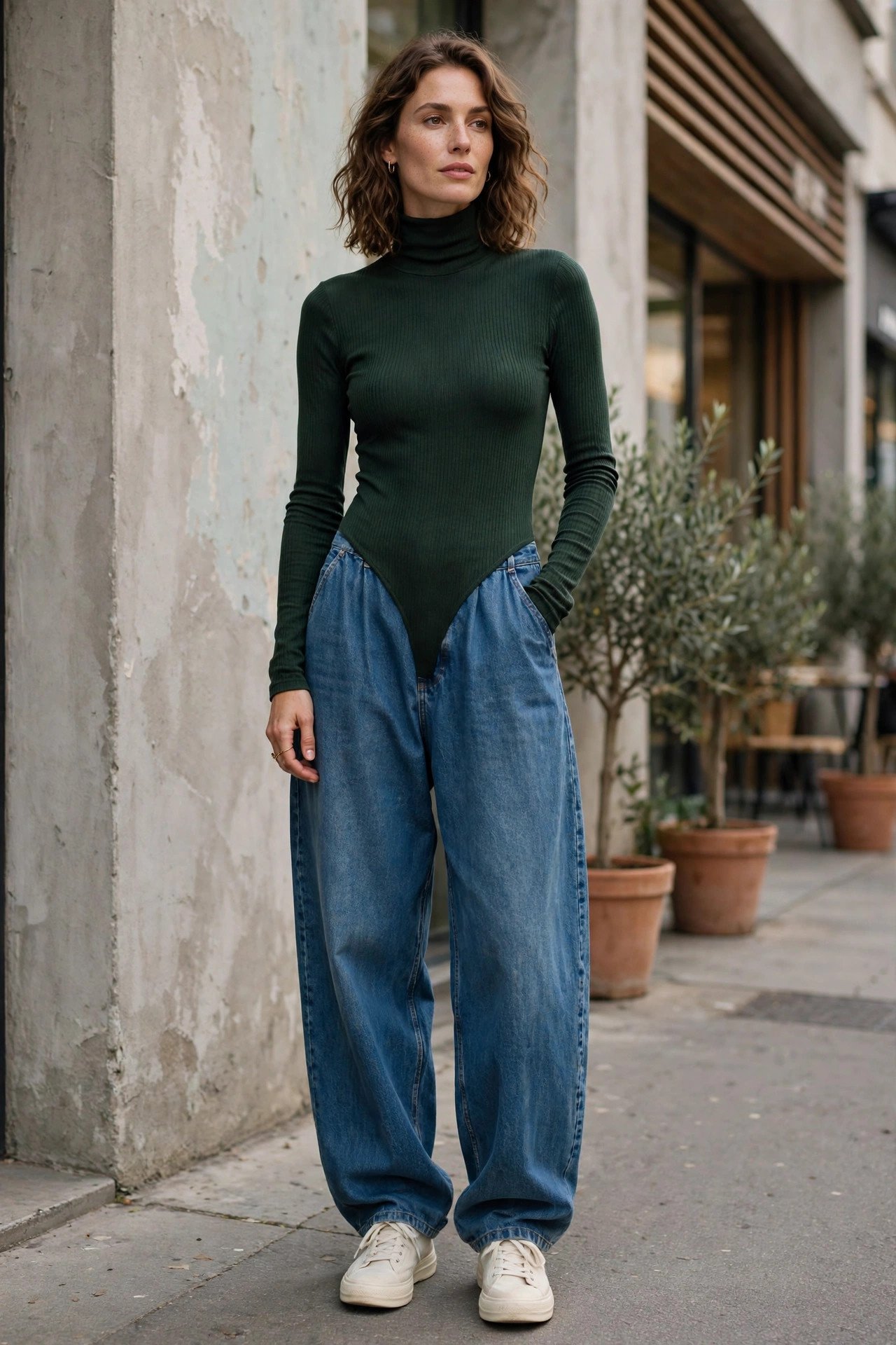 Pine green turtleneck with baggy jeans