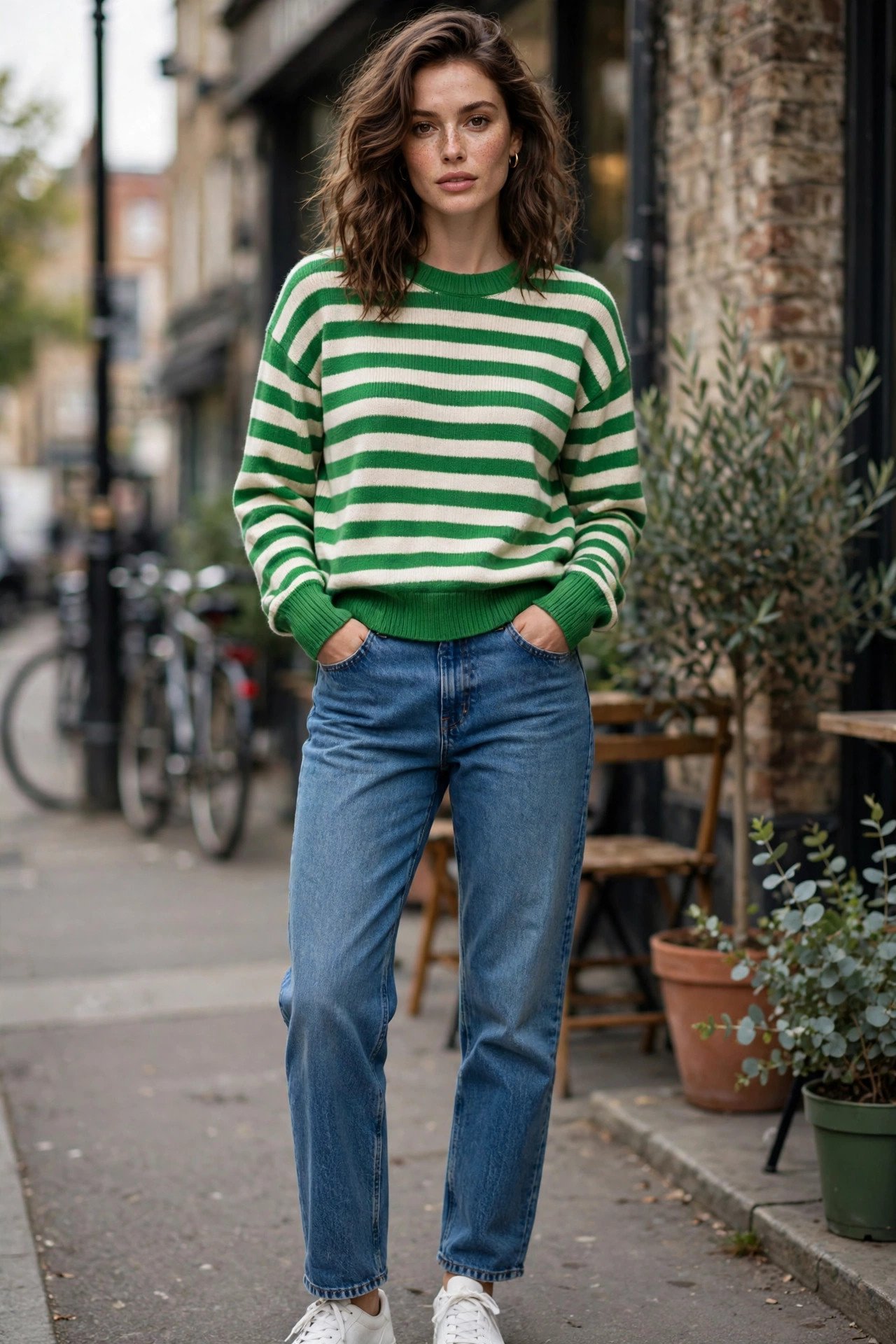 Green striped sweater with straight leg jeans