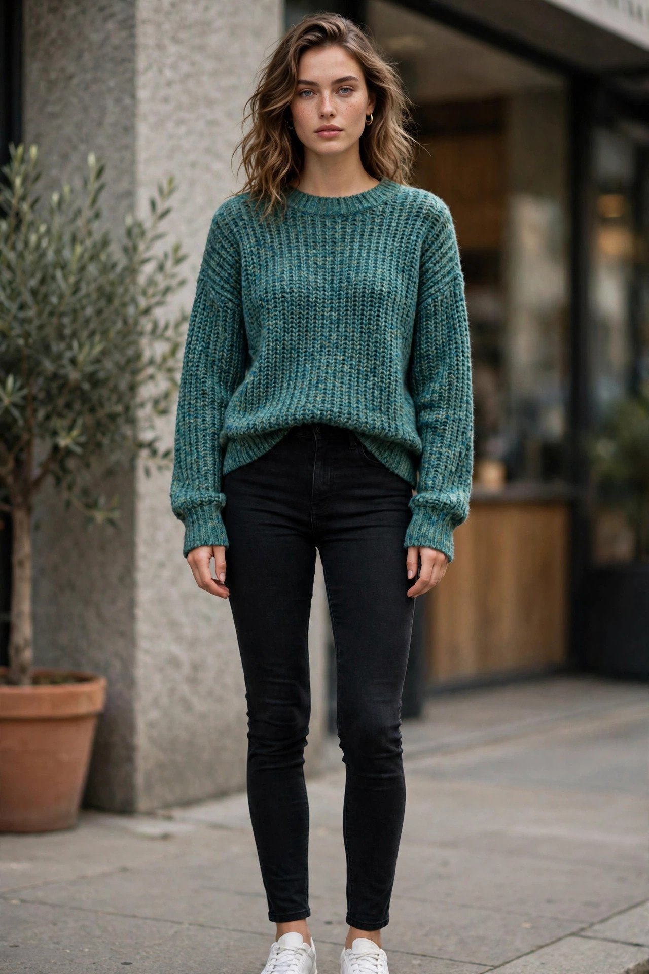 Teal green marled knit sweater with black skinny jeans