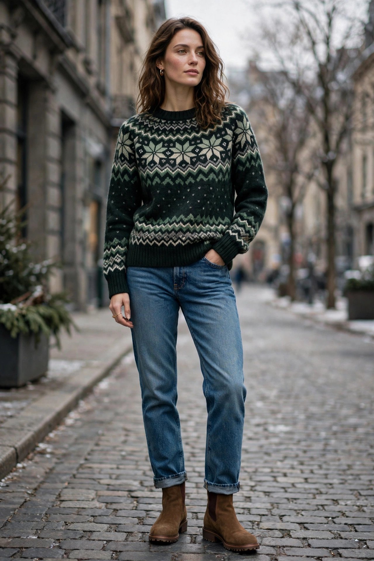 Evergreen fair isle sweater with medium wash jeans