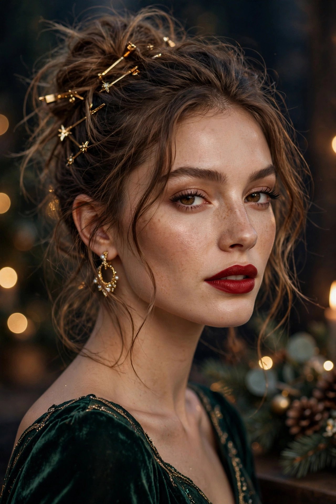 Messy textured bun with gold hairpins