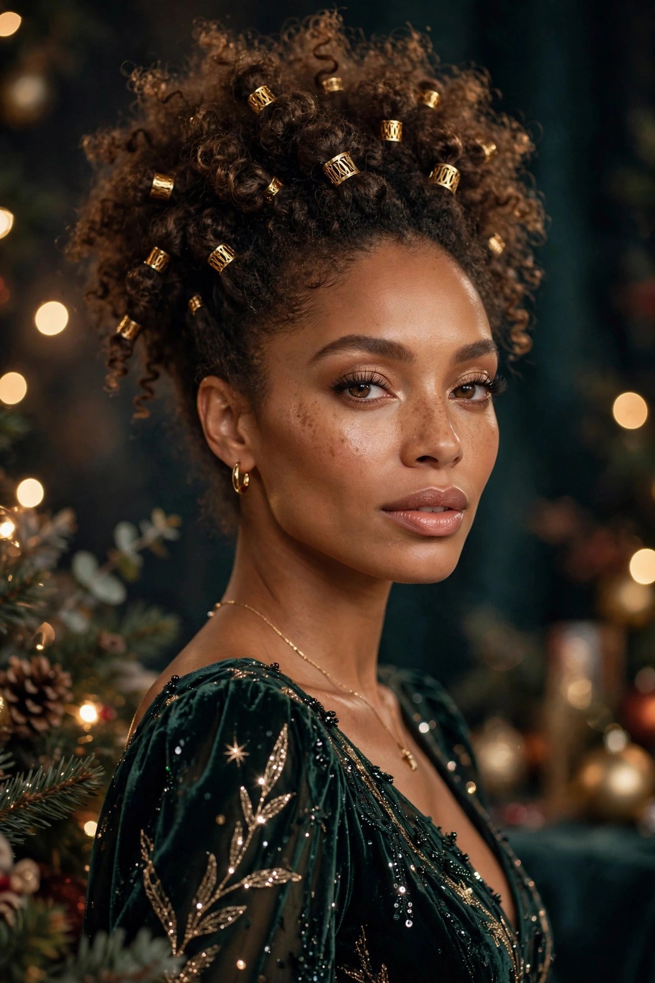 Curly high puff with gold cuffs