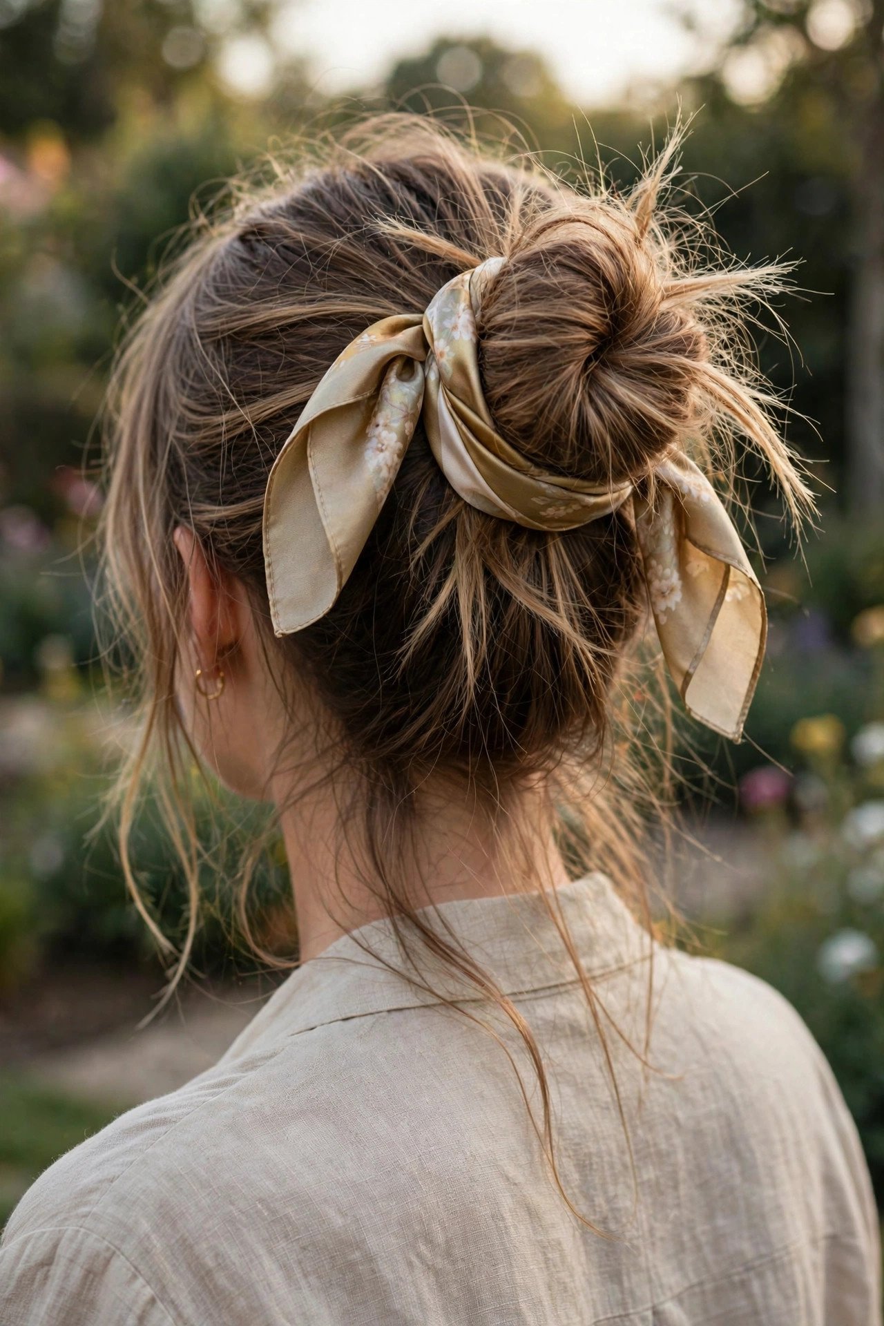 Messy bun wrapped with silk scarf