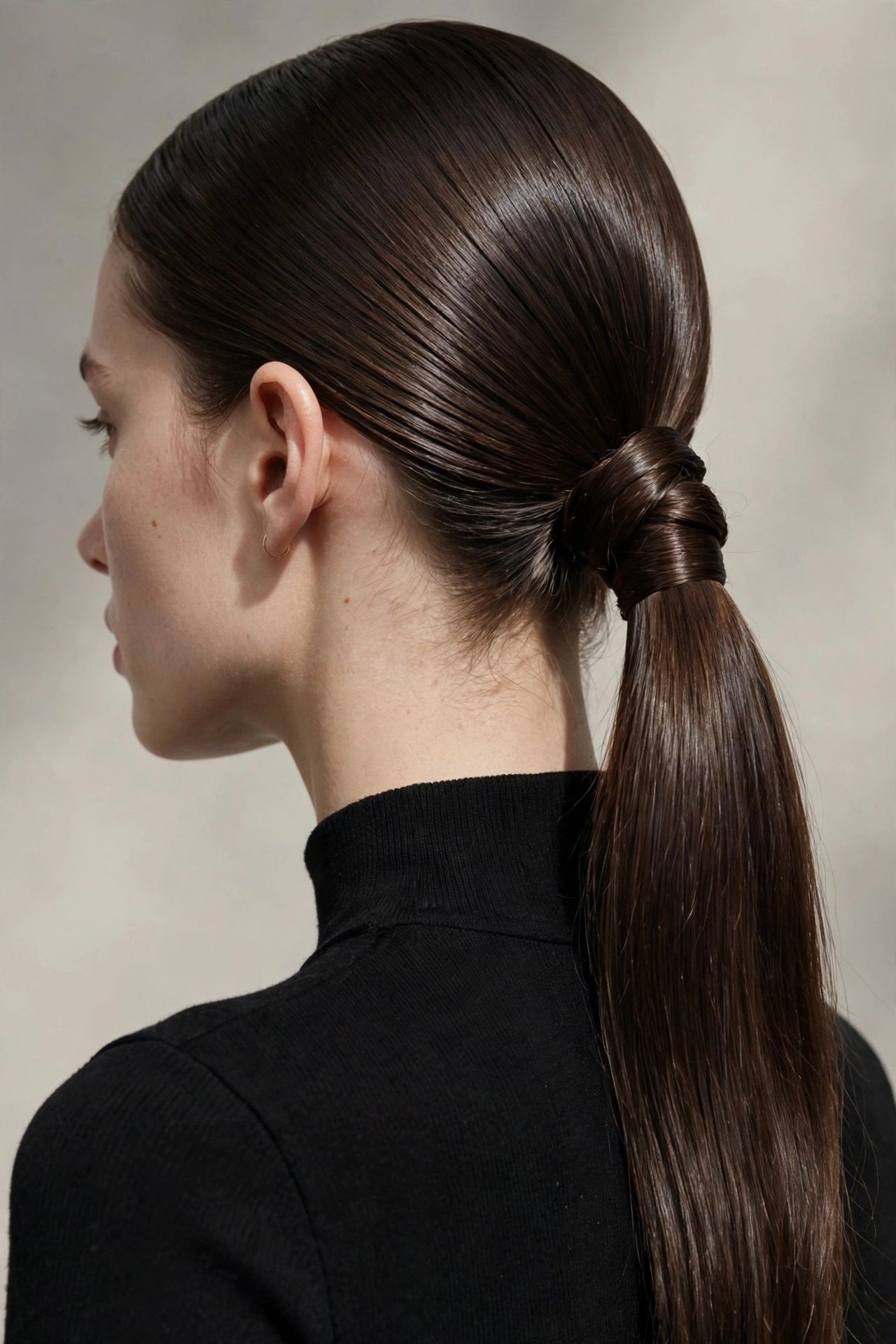 Sleek low ponytail with hair wrap