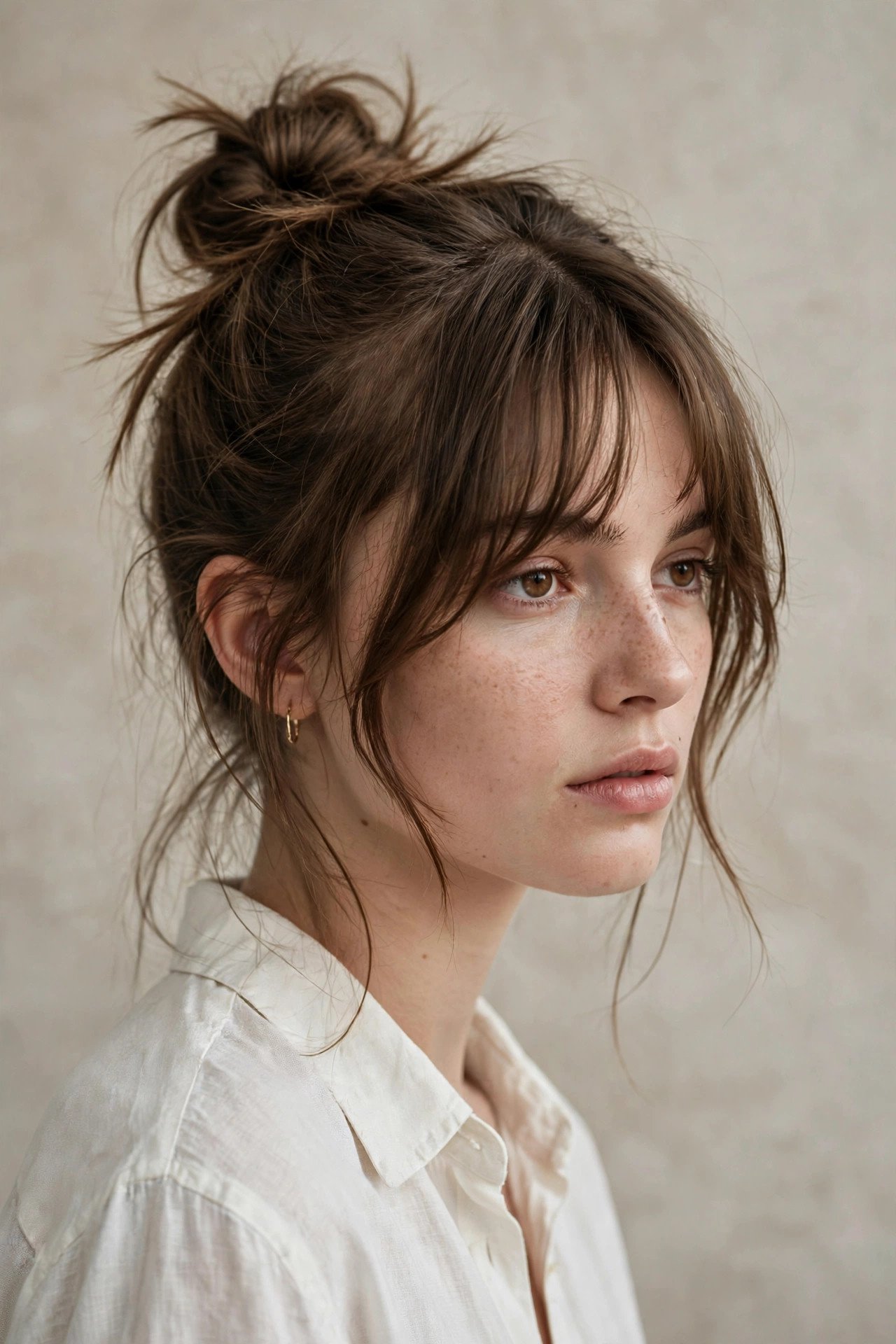 Top knot with curtain bangs