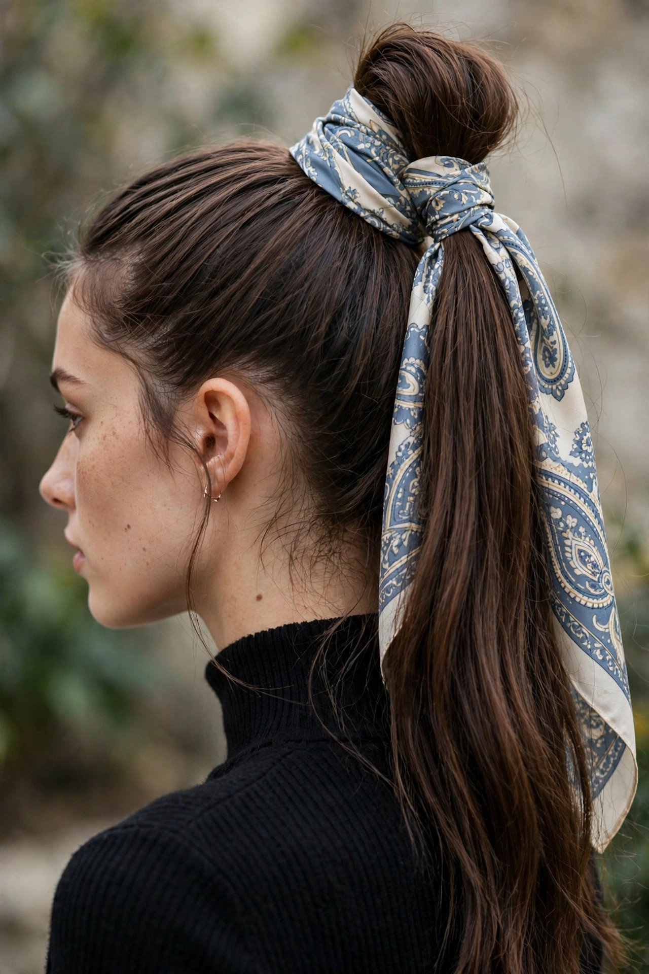 Scarf wrapped high ponytail