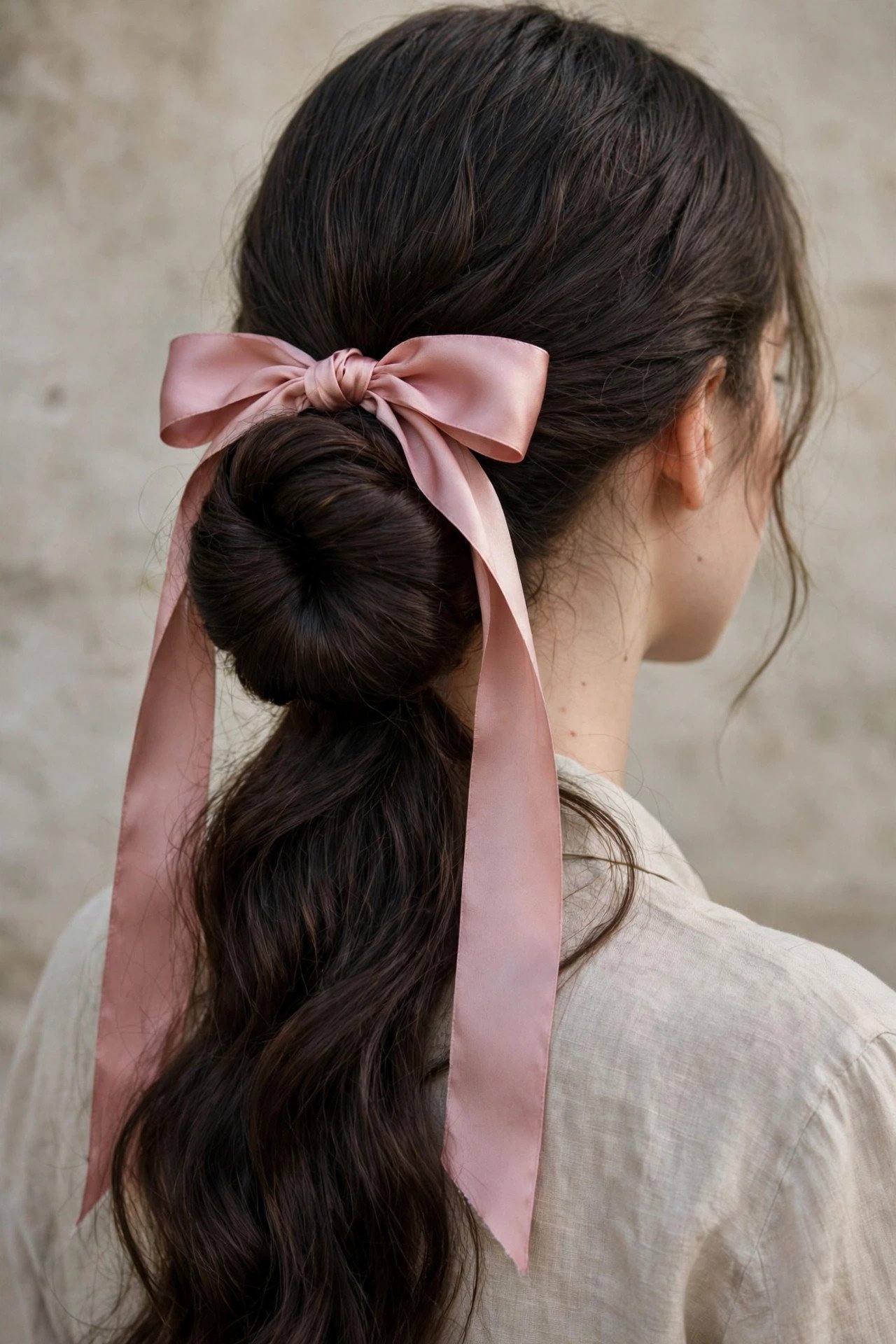 Long hair low bun with silk ribbon