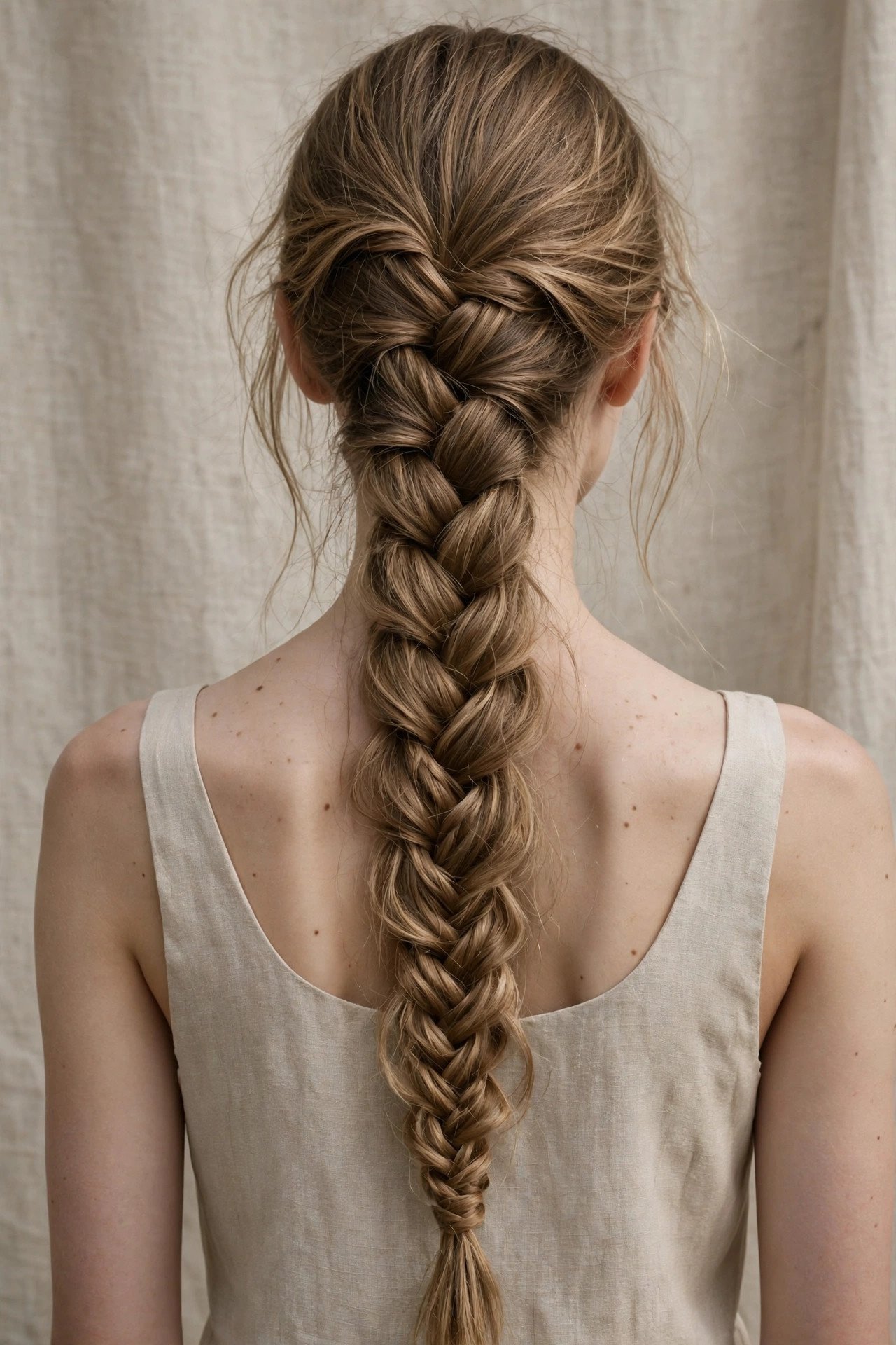 Dutch braid into fishtail on extra long hair