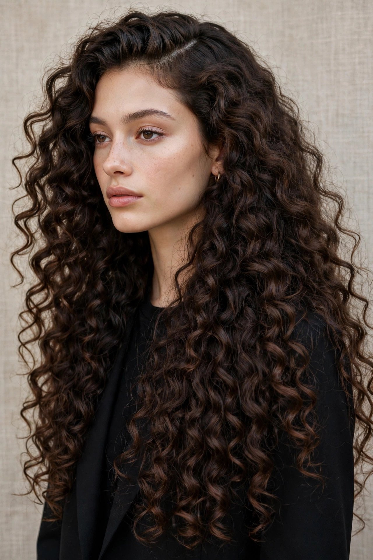 Long voluminous curls with side part