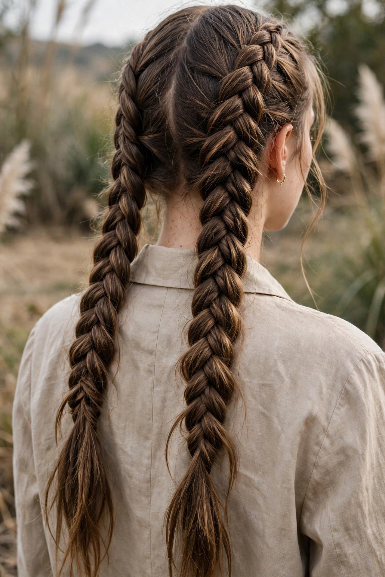 Double fishtail braids on long hair