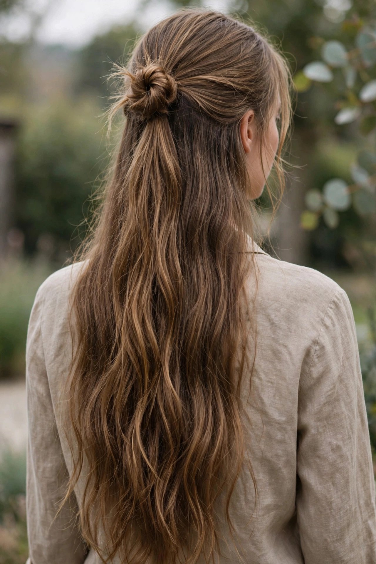 Knotted half up hairstyle on long hair