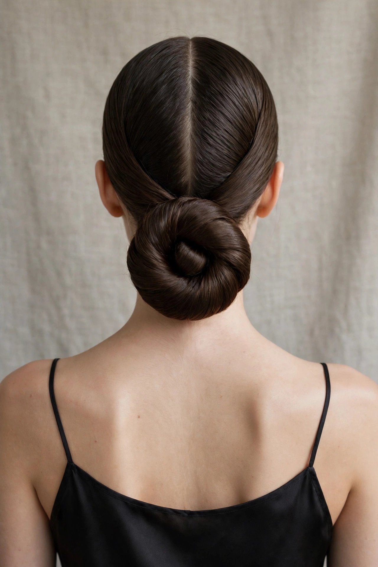 Sleek middle part low bun on long hair