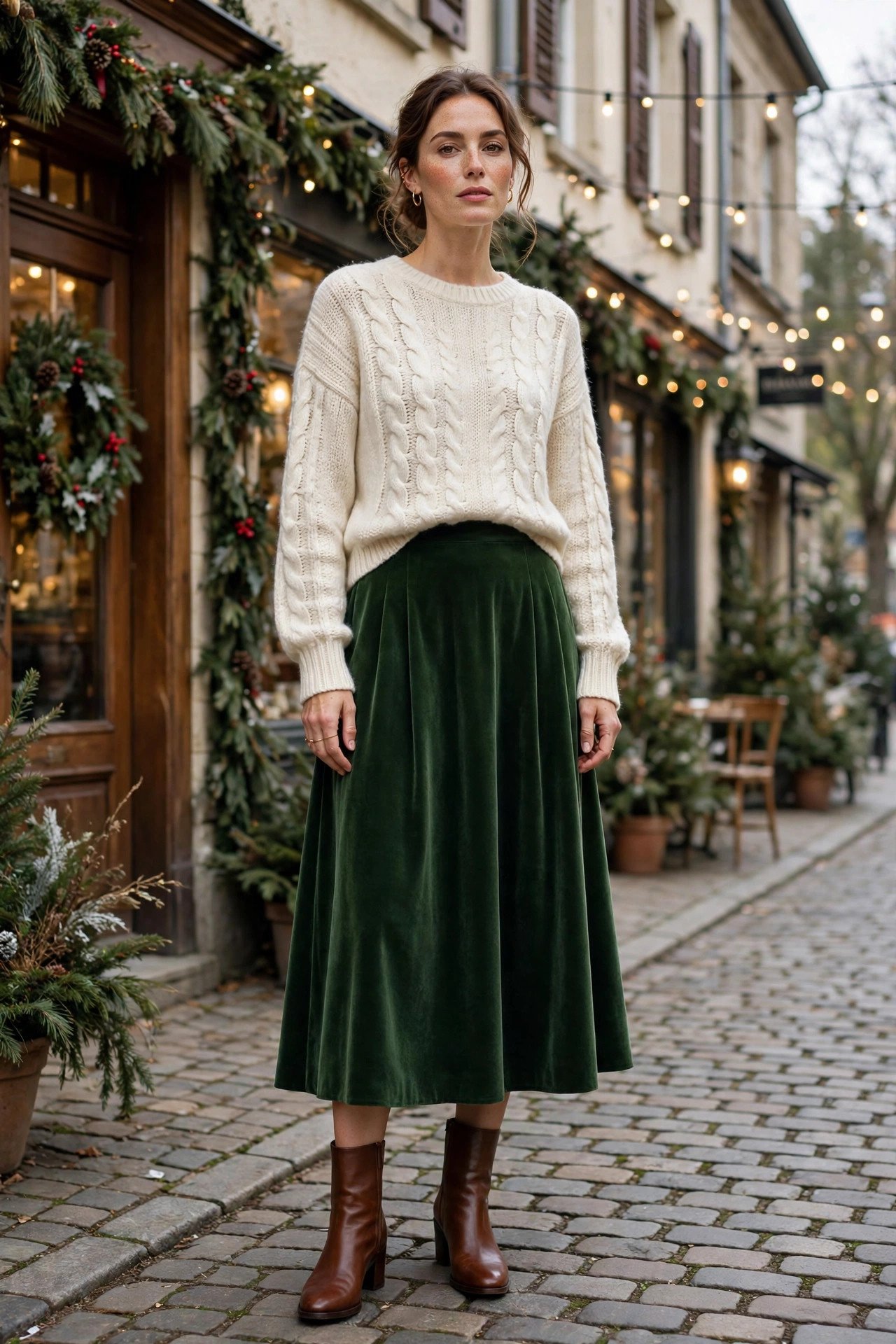 Woman in green velvet midi skirt with cream knit