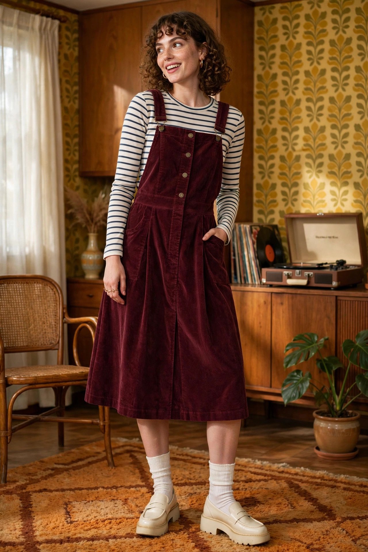 Woman in burgundy corduroy pinafore over striped top