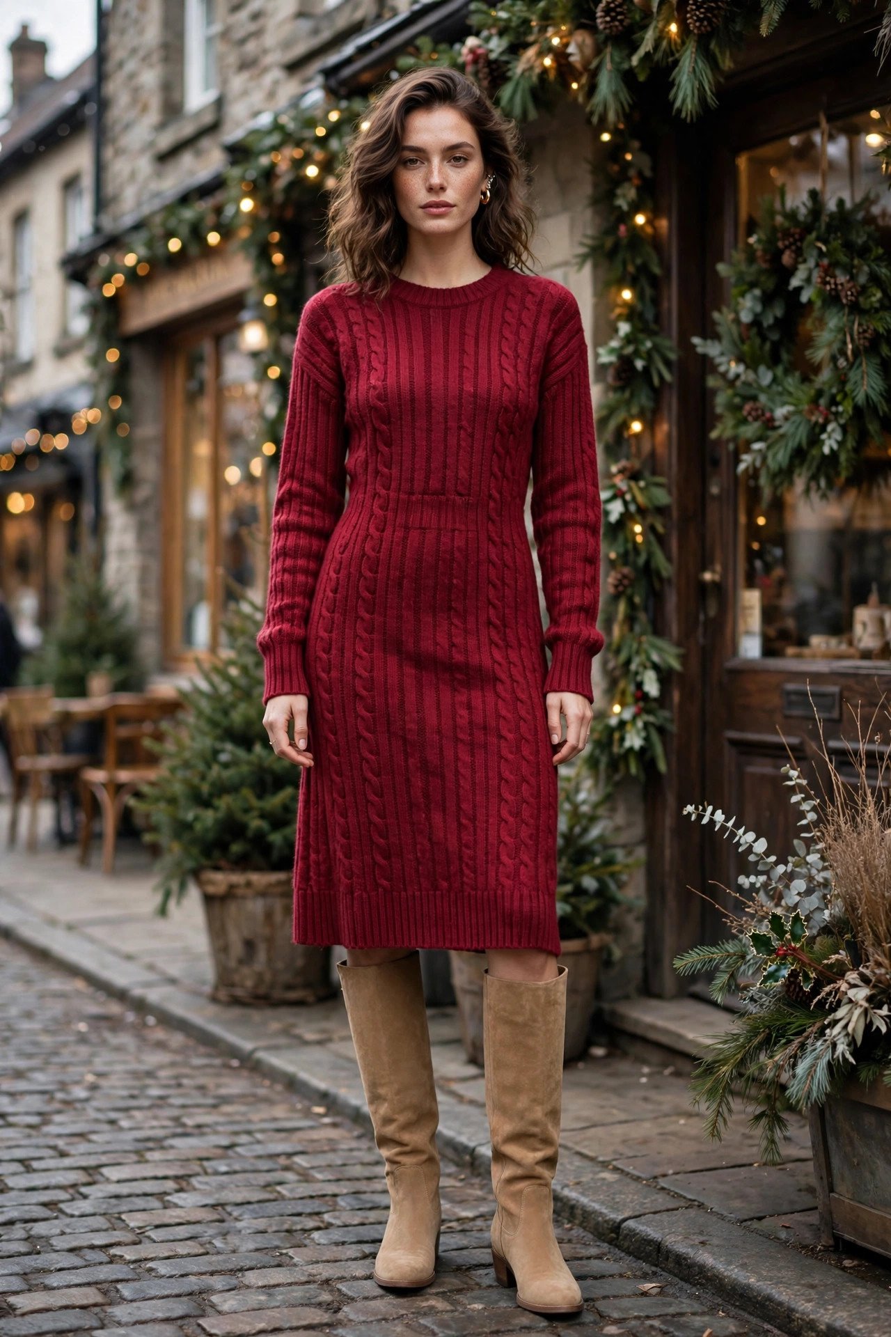 Woman in cranberry knit dress with knee-high boots