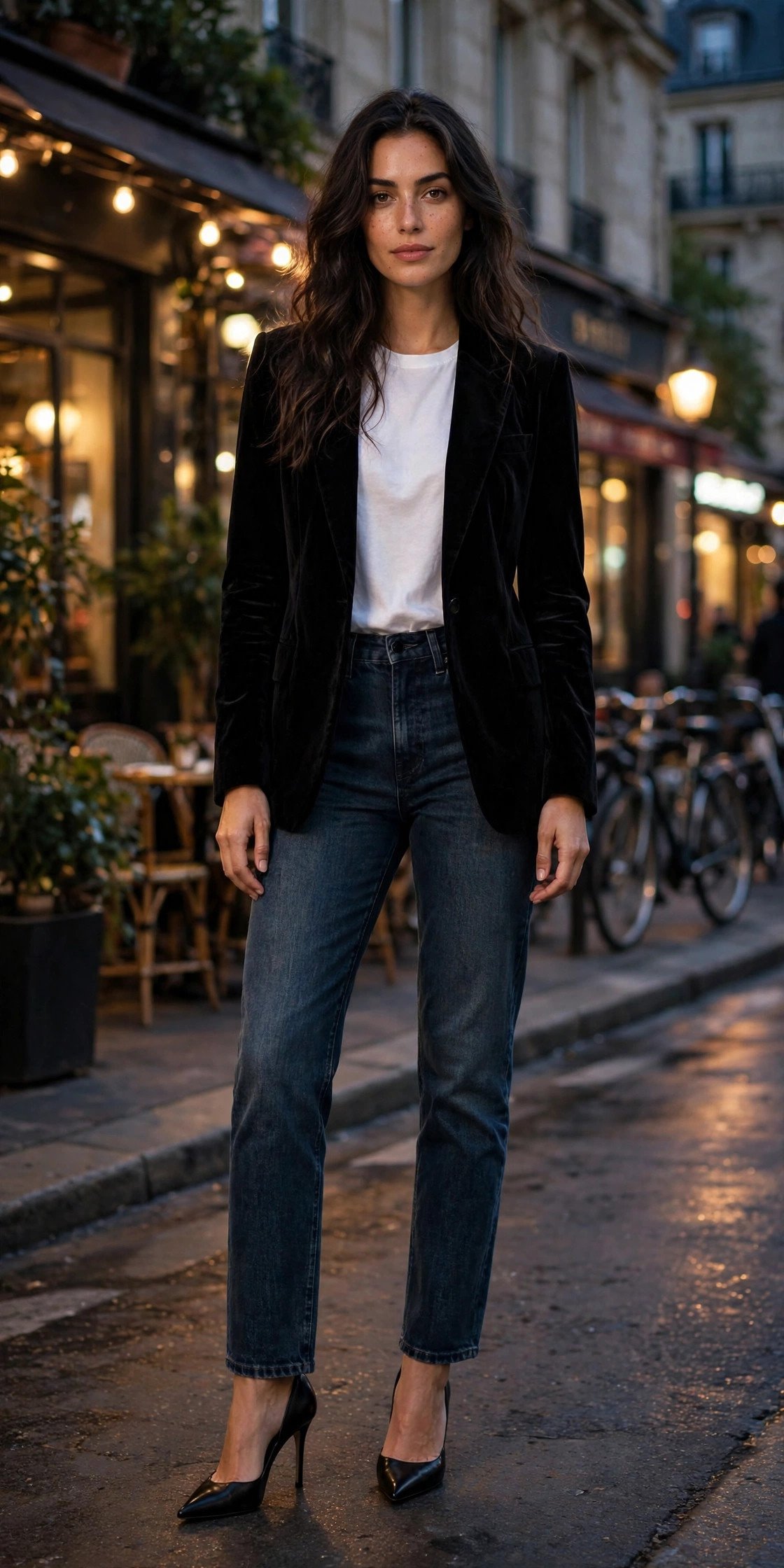 Woman in black velvet blazer with tee and dark jeans